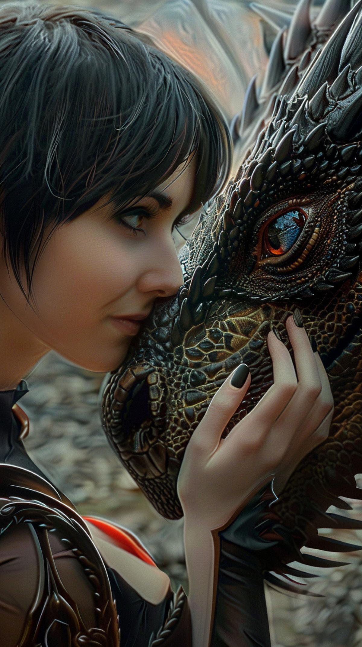 With precise preservation of style and characters, The female warrior touches the chin of the dragon in an act of compassion and love. The dragon has a blue eye with dark round pupils and moves his head to meet her loving hand.