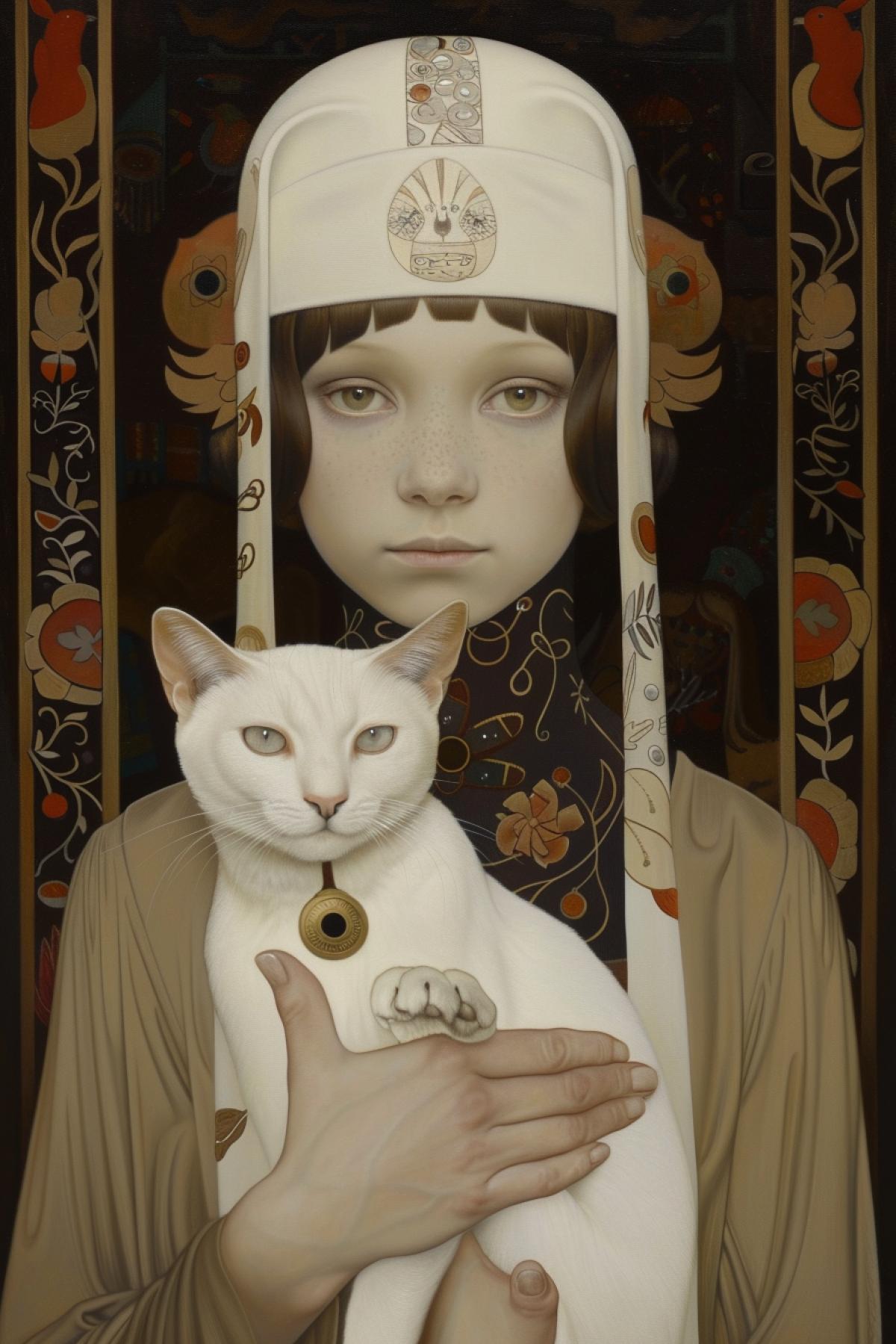 Five-year-old Russian very beautiful girl, in Russian costume, next to the cat Vladislav Erko, Klimt, Alphonse Mucha, realism.