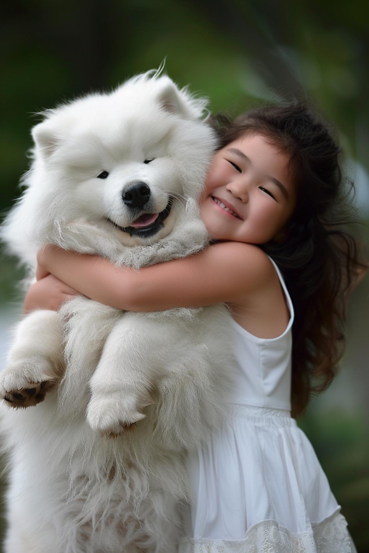 girl hugs fluffy chubby