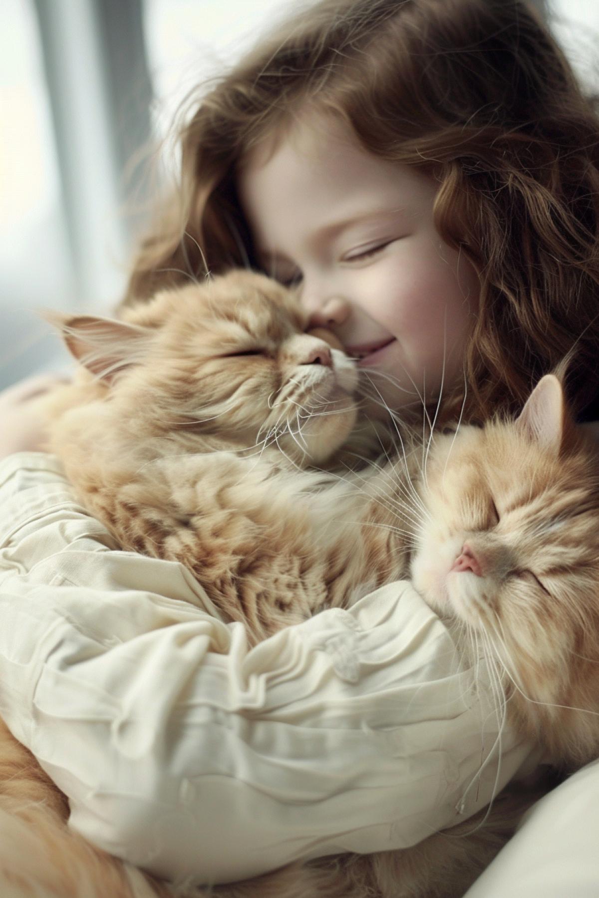 girl hugs fluffy chubby