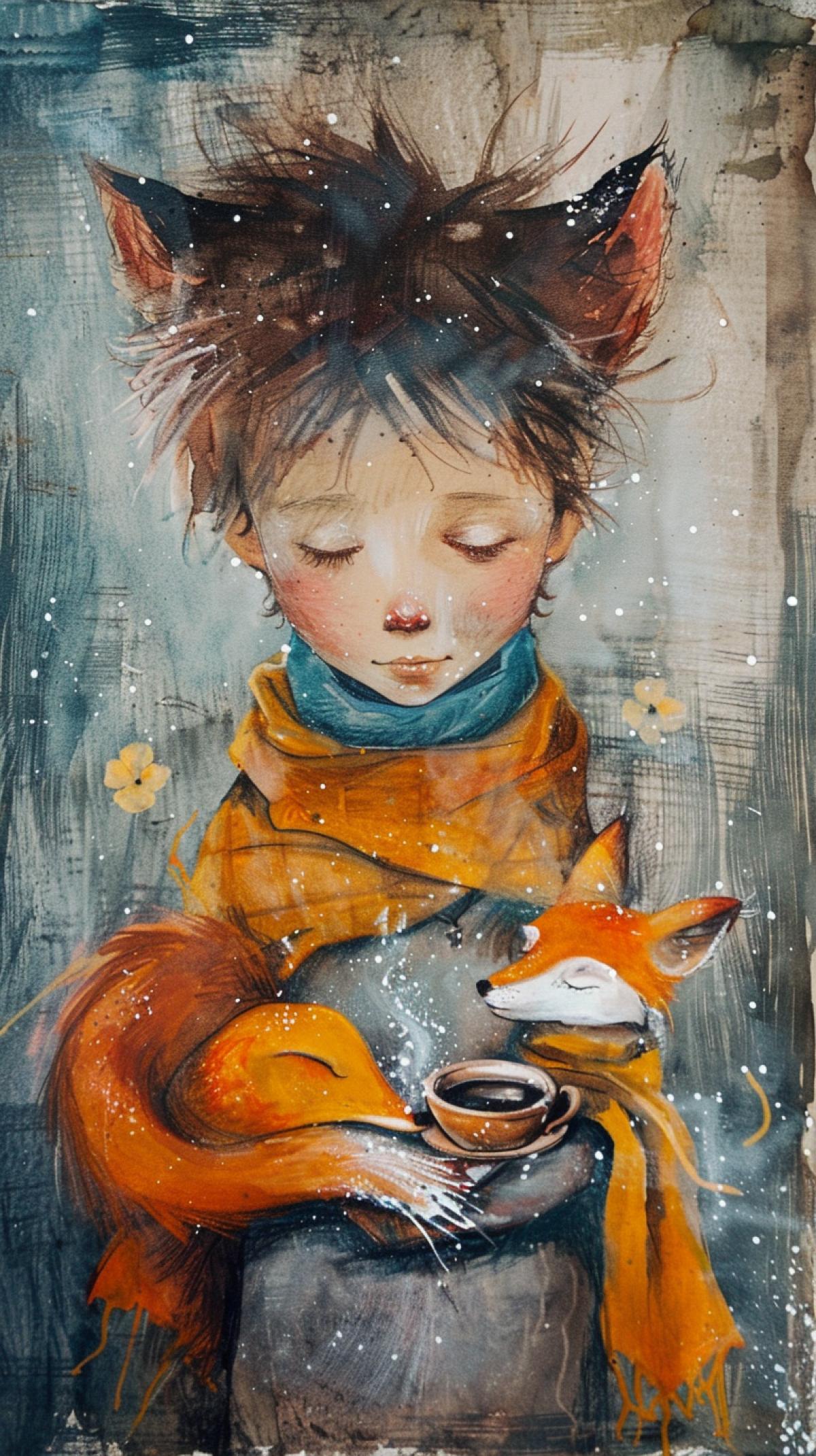 The little prince in a scarf drinks coffee with a fox in the style of Anna Silivonchik