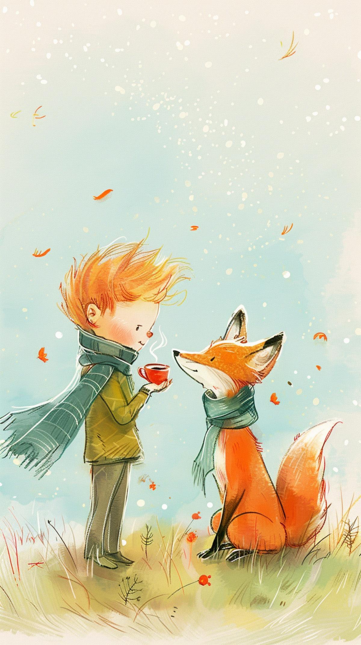 The little prince in a scarf drinks coffee with a fox in the style of Anna Silivonchik