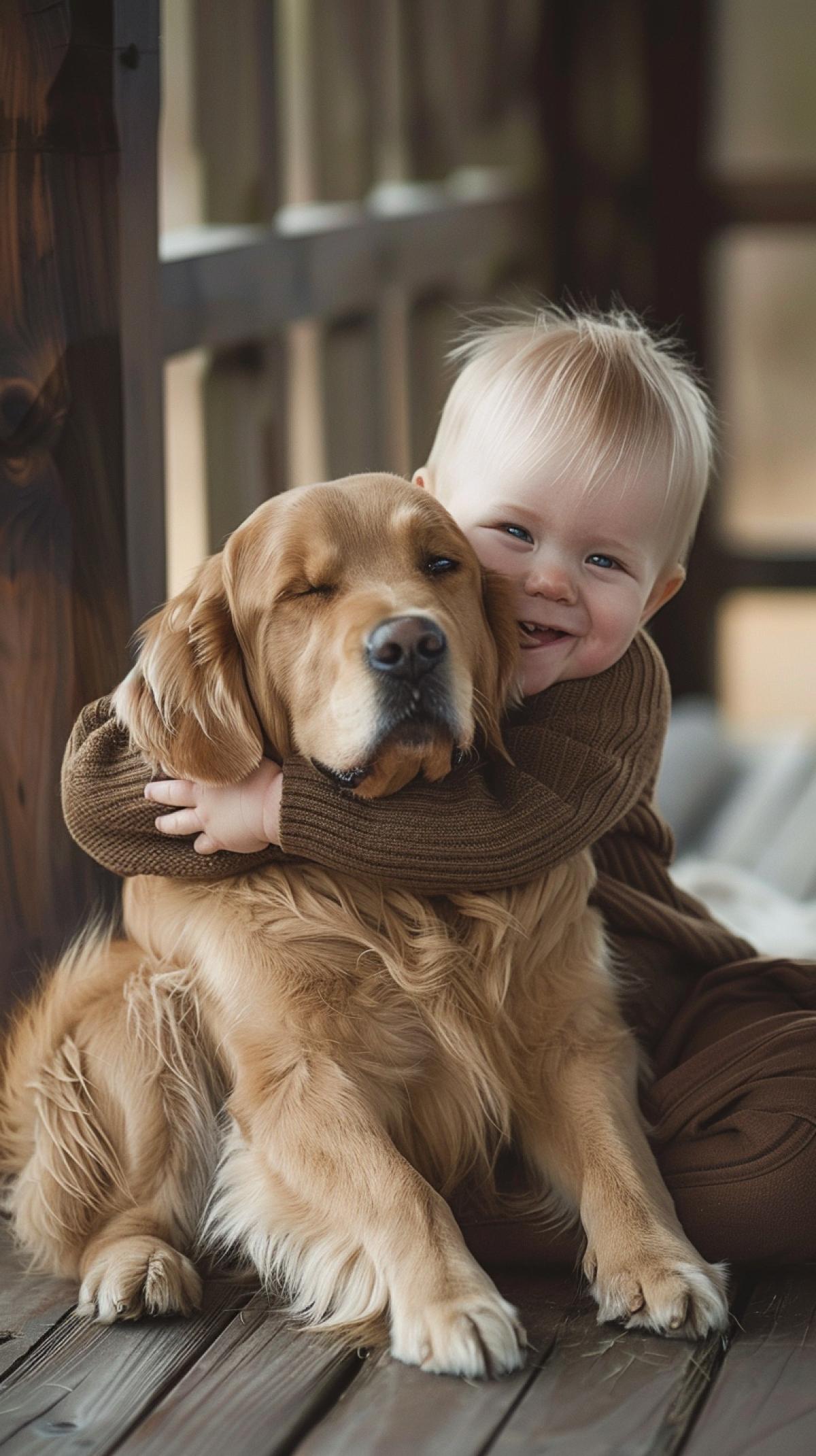 Little one year old baby hugging Labrador