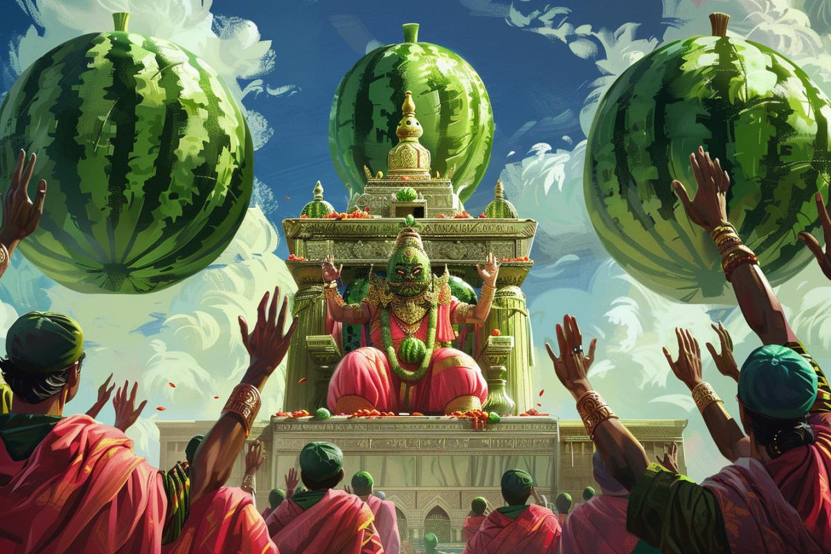 Deities in the form of watermelons sit on a throne. The people sitting in front of them stare at them with their hands raised