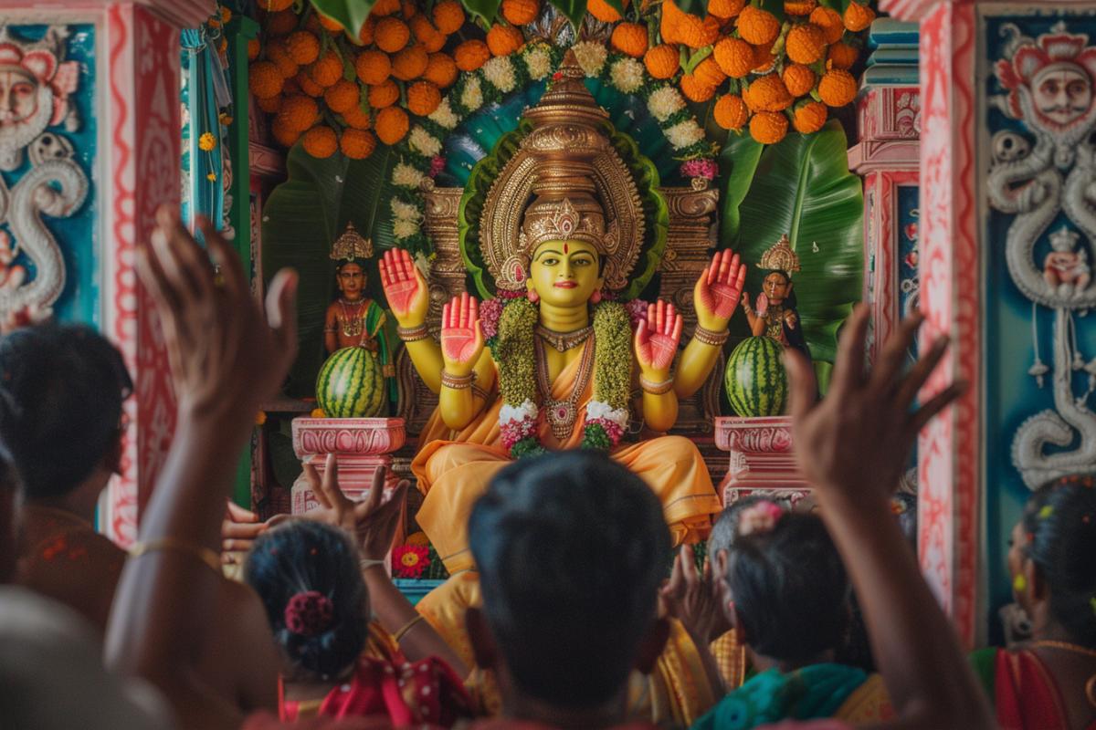 Deities in the form of watermelons sit on a throne. The people sitting in front of them stare at them with their hands raised