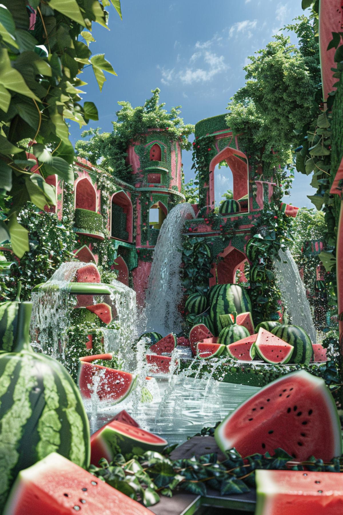 Temple of watermelon architecture, interior landscape design around the house detailed watermelon beds. with a fountain of watermelon slices and a splashing watermelon smoothierockettail, a huge watermelon half in the sky, fantasy, surrealism, hyper-detailed, high resolution, enlarged plan, aesthetic, professional photo, ISO 3200