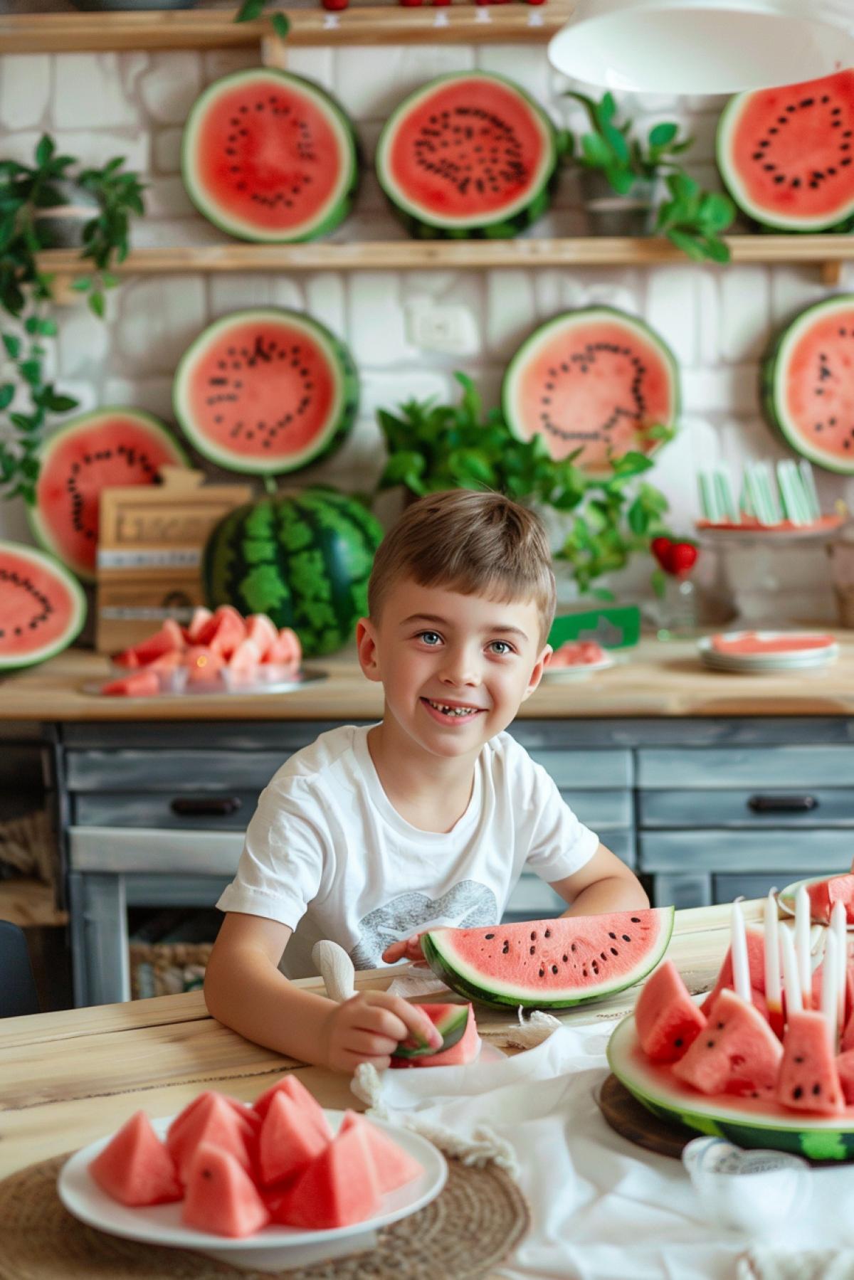 kitchen with a large panel of watermelon slices on the wall. panels of watermelon and its stabilized branched sprouts with leaves, high-tech interior style with a cosmic accent, watermelonrockettails on the kitchen table, watermelon cake with candles, a smiling boy, 6 years old, eating watermelon at the table, stylize