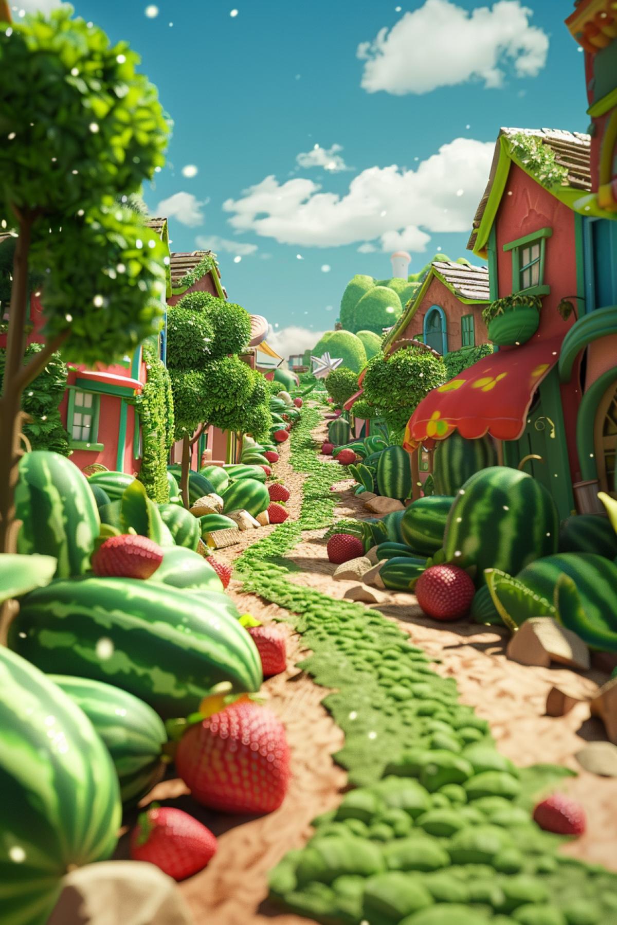 Fruit village with mint and watermelons, Bright colors. Cute and simple 3D animation.