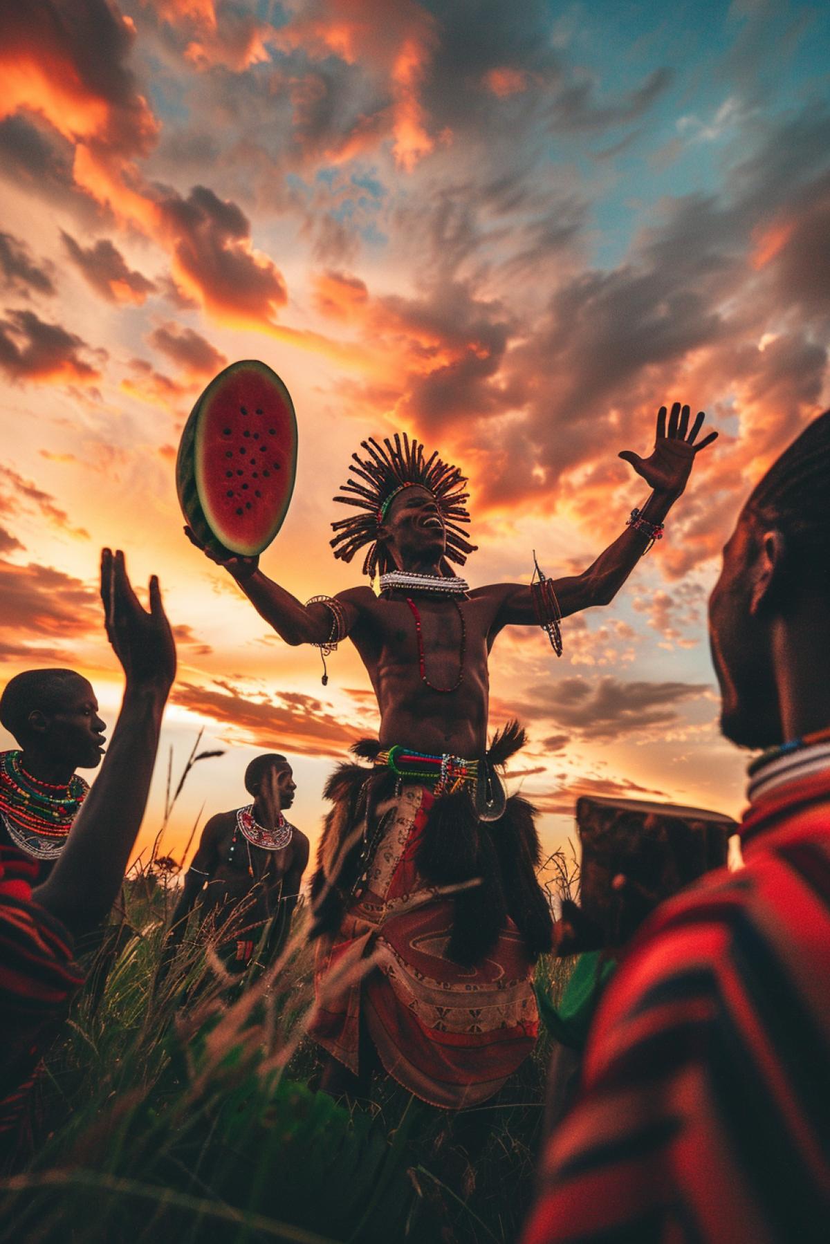 African savages ritual dance and sacrifice to giant watermelon god bright vibrant colours of sunset in savannah epic photo low view