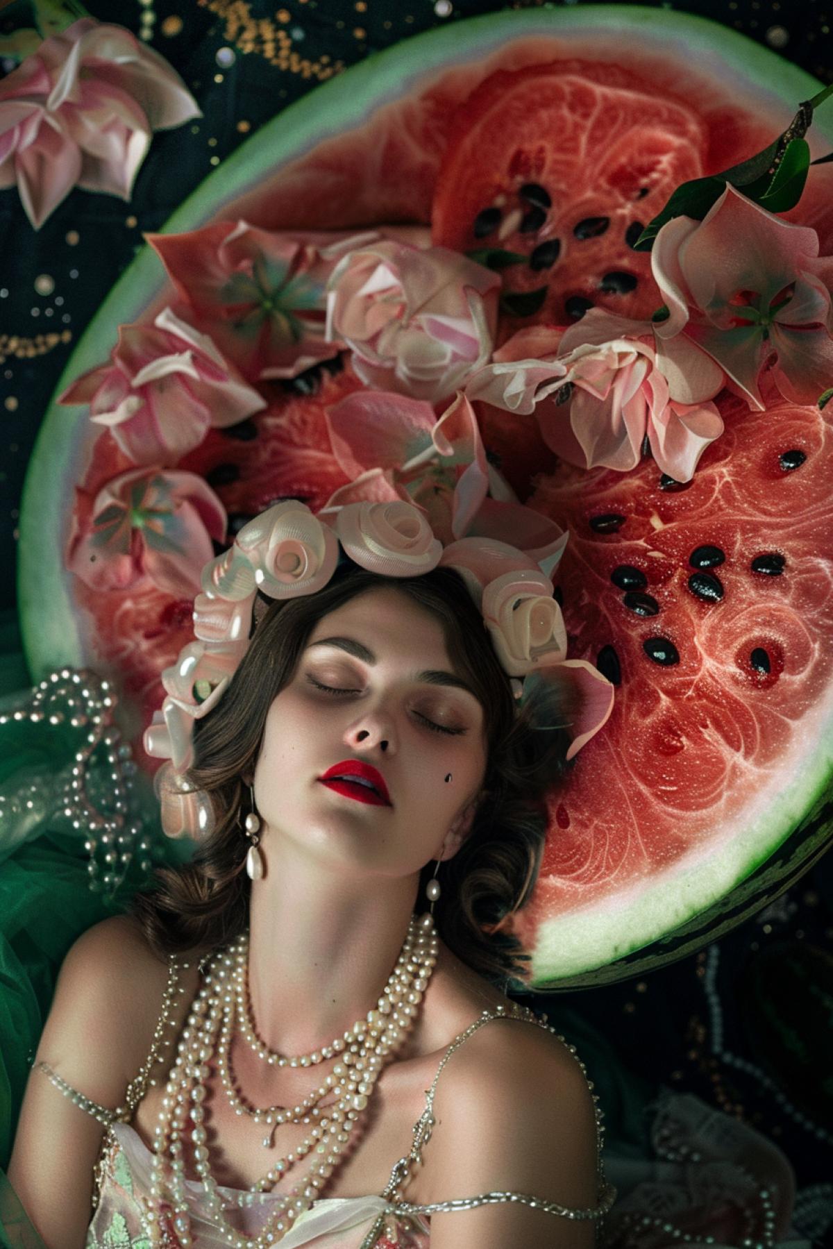 Worshiping a watermelon, against the backdrop of a huge half of a watermelon in space, a beautiful young woman, wearing pearls, around blooming watermelons, in the style of Klimt