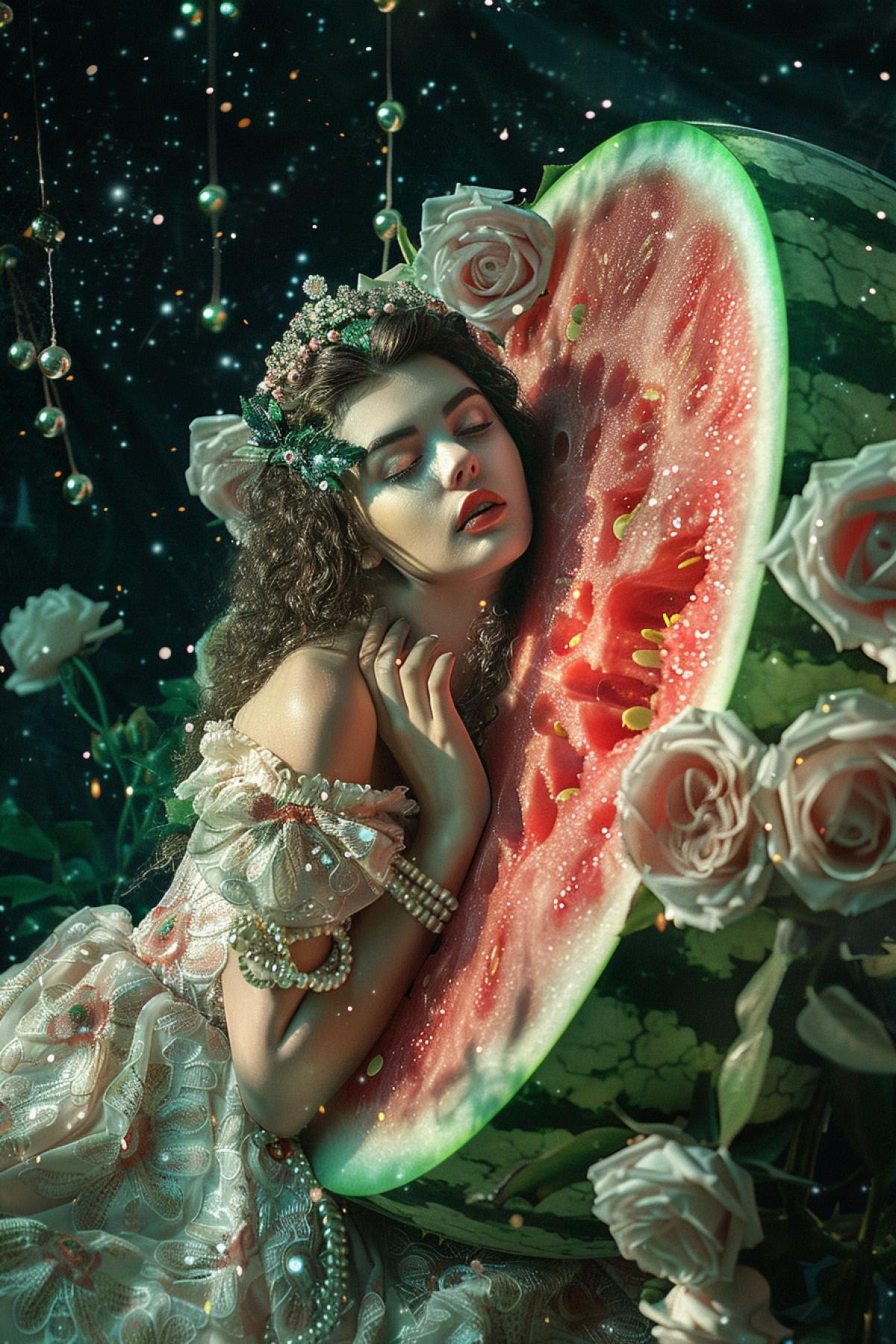 Worshiping a watermelon, against the backdrop of a huge half of a watermelon in space, a beautiful young woman, wearing pearls, around blooming watermelons, in the style of Klimt
