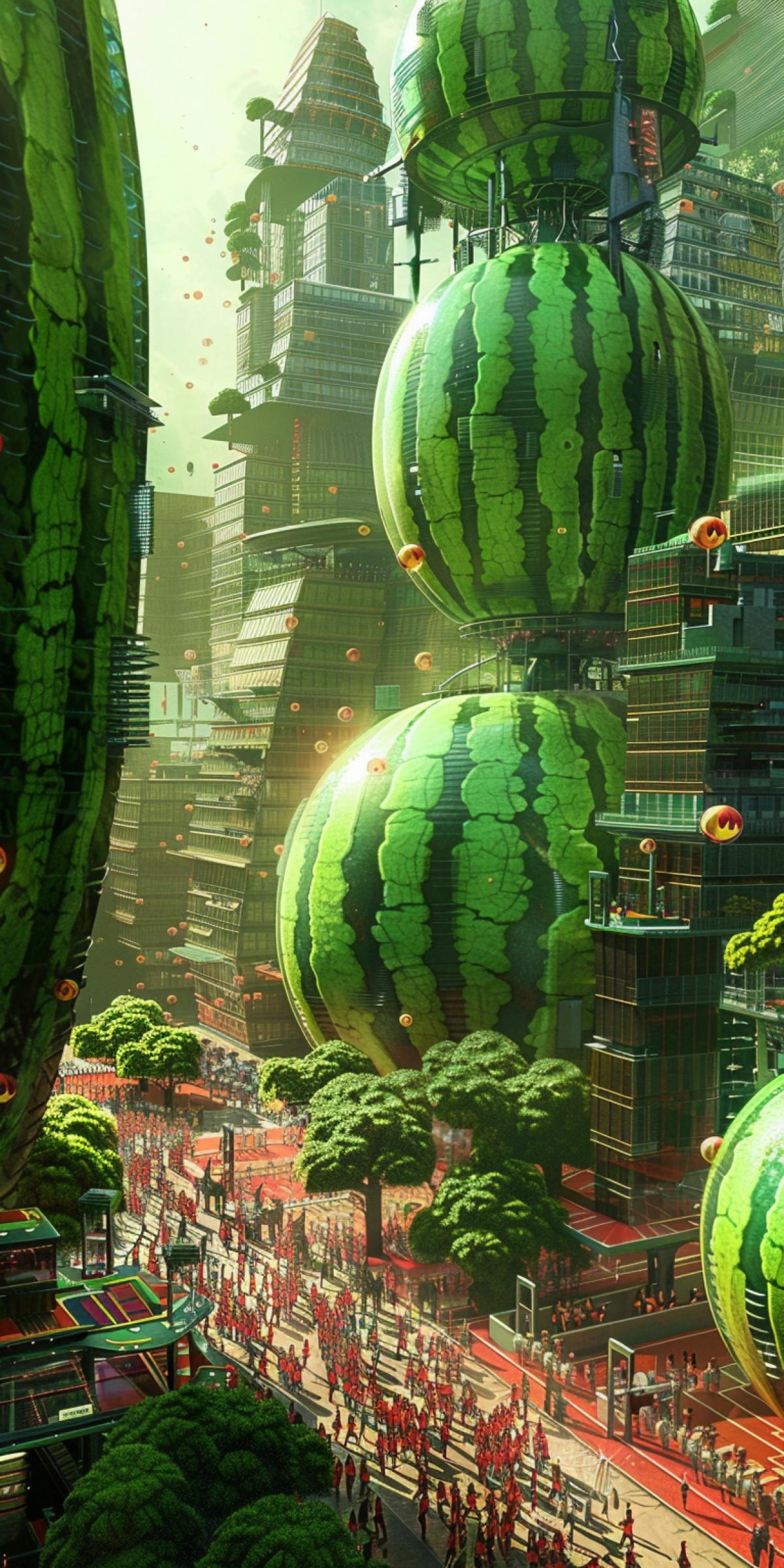 A city of the future with skyscrapers shaped like watermelons, their skins decorated with green and dark stripes. People in colorful clothes with watermelon patterns gather in the square near a giant watermelon statue. Sunlight reflects off the glass surfaces of buildings, creating a bright and cheerful mood. High-range camera to show the full scale of the city and area, rich green and red shades, morning lighting.