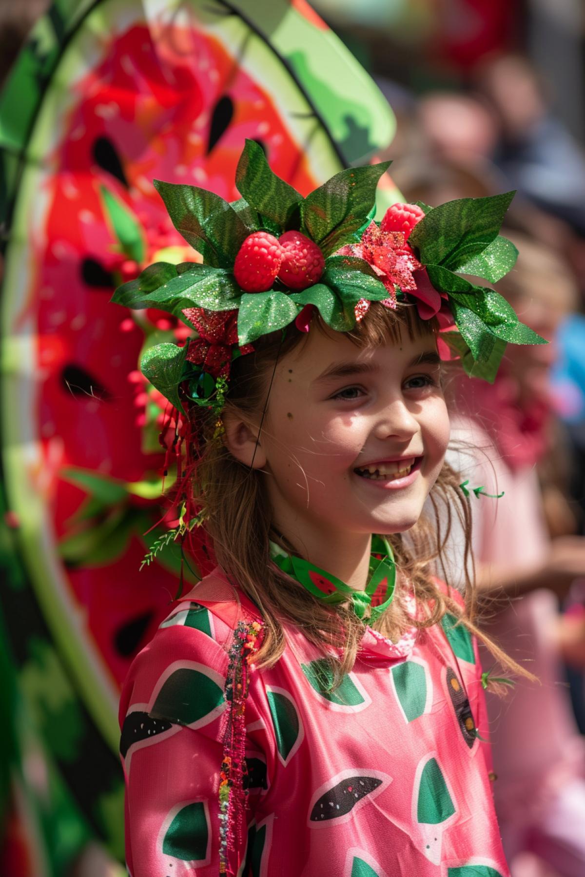A festive watermelon carnival with street parades, costumed participants in watermelon-patterned clothing and giant watermelon balls decorating the streets. Children and 35 years olds laugh and dance, enjoying the holiday. Bright daylight, rich greens, reds and darks, mid-range camera, focusing on the carnival atmosphere.