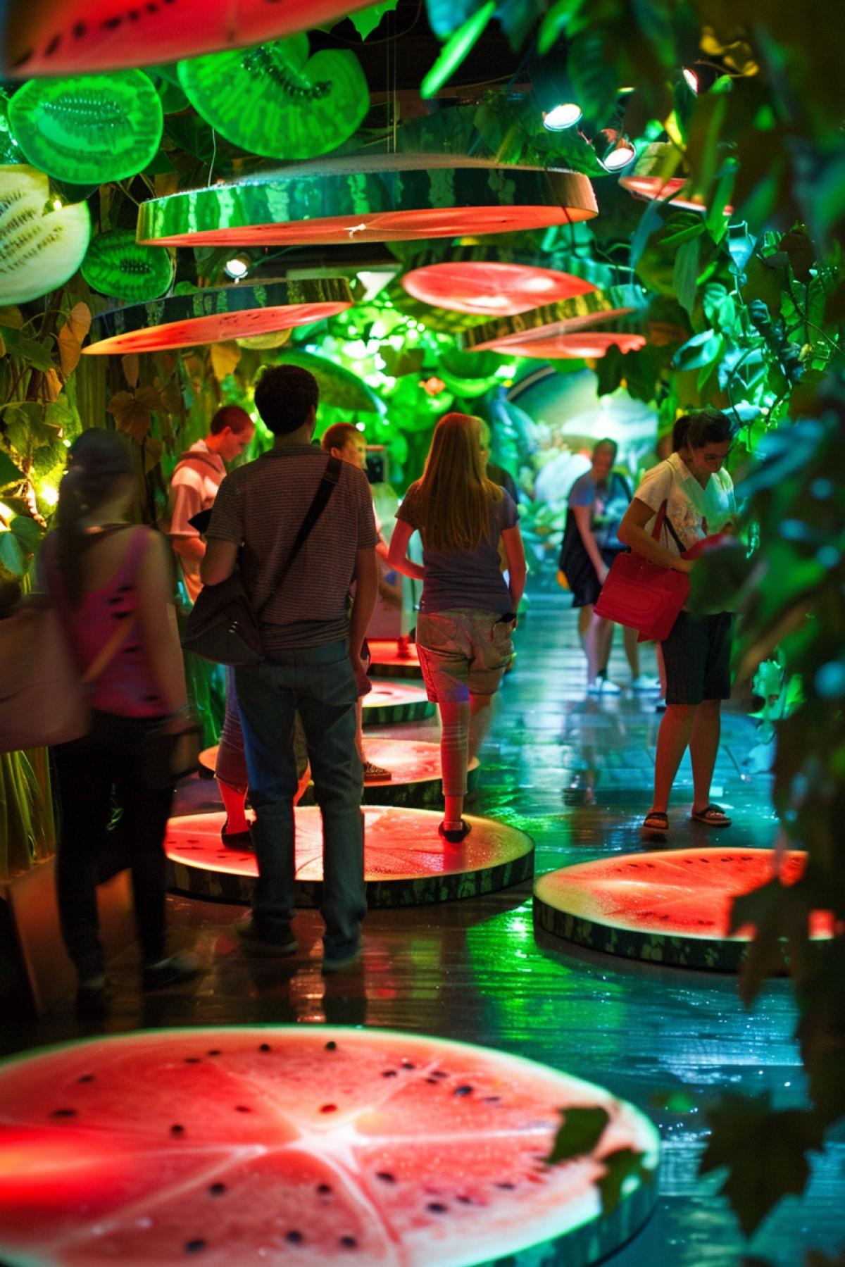Watermelon Museum, where exhibits include watermelon sculptures, paintings and artifacts. Visitors admire works of art made from watermelons and scientists explaining the importance of watermelons in their culture. The hall is dominated by bright green and red colors, soft artificial lighting, creating a cozy atmosphere. Medium-range camera, focusing on visitors and exhibits.