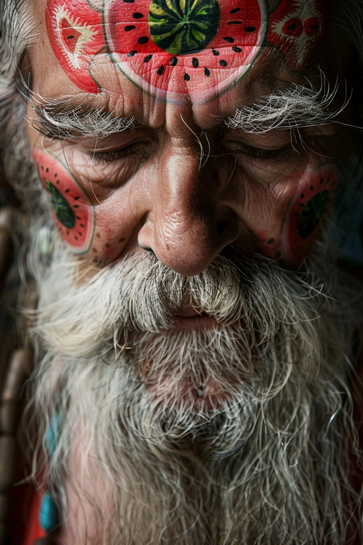The face of an old sage with a long beard decorated with miniature watermelons, eyes closed in meditation. His face is decorated with tattoos of watermelon patterns, giving him a solemn appearance. Close-up camera, soft, bright lighting, focusing on the details of the tattoos and watermelon decorations.