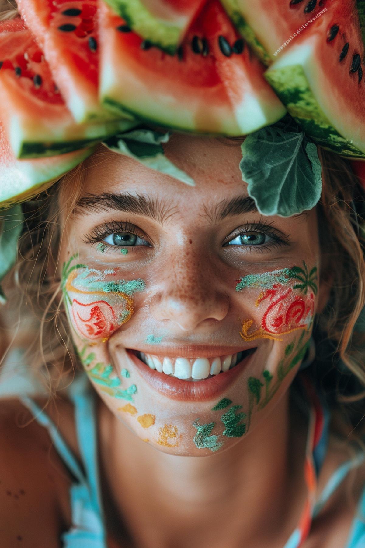 A young woman with a wreath of watermelon peels on her head, her face smiles and glows with happiness. There are watermelon patterns on her cheeks and her eyes sparkle. Close-up camera, natural daylight, emphasis on emotions and details of watermelon decorations.