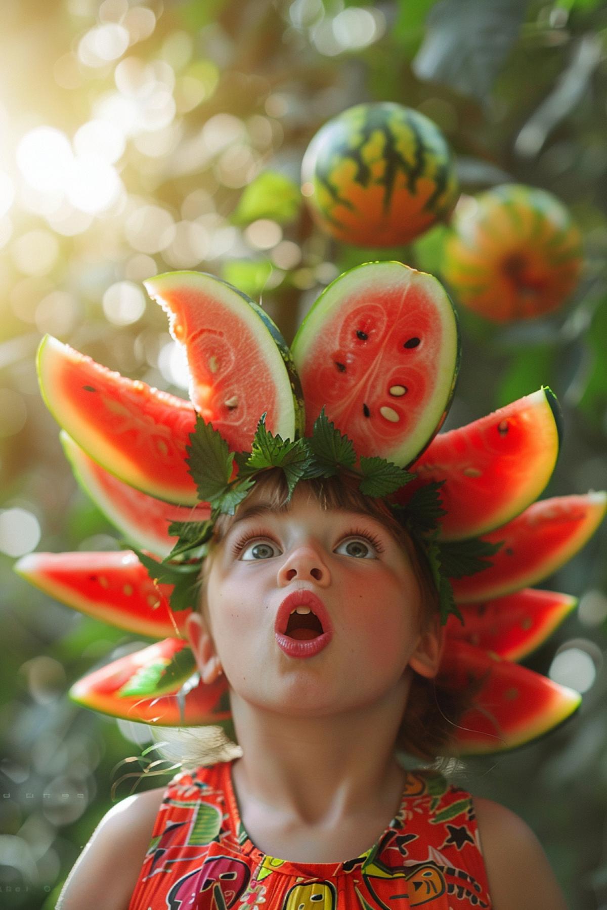A giant watermelon crown on the head of a child who looks up in surprise and delight. Close-up camera, soft sunlight, focusing on the childs facial expression and the details of the crown.