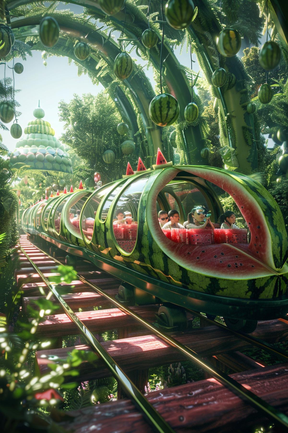 A futuristic watermelon train racing along a track made of watermelon vines, with carriages shaped like watermelon slices. Inside the carriage, passengers sit on seats made of watermelon leather, enjoying watermelon drinks. Medium shot camera, bright lighting, focusing on watermelon design details and passengers. In the distance you can see watermelon towers and watermelon trees, creating a feeling of complete immersion in the watermelon world.