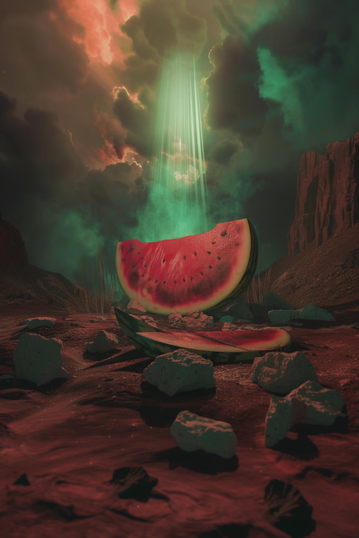 A world where to worship watermelon. Watermelon, philosophy. Mysticism, flickering, realistic image