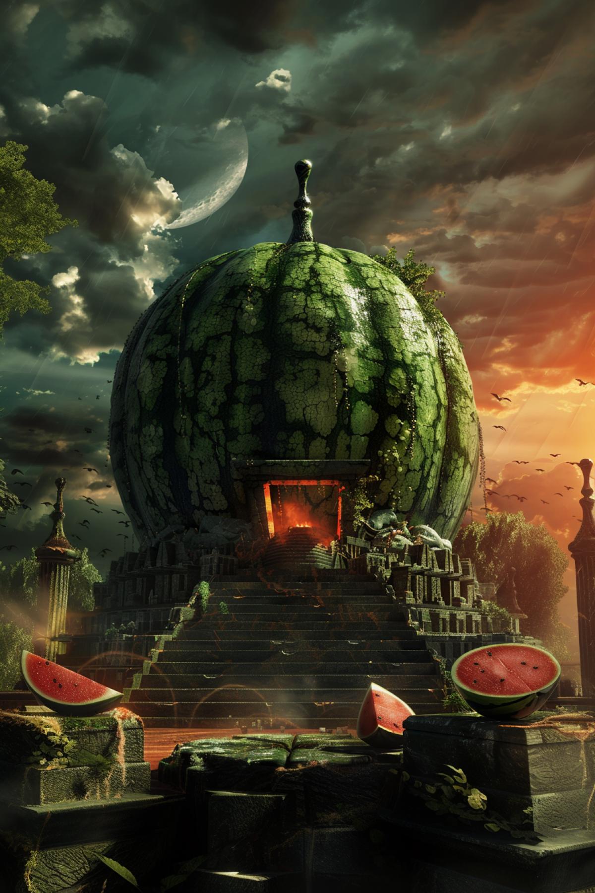 Temple in the form of a watermelon, worship, watermelon religion, watermelon world, philosophy, peace, history, flickering, realistic image