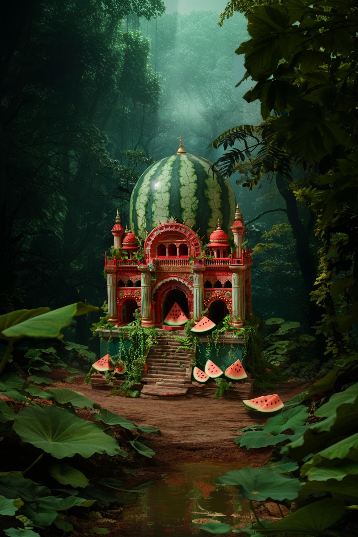 Temple in the form of a watermelon, worship, watermelon religion, watermelon world, philosophy, peace, history, flickering, realistic image
