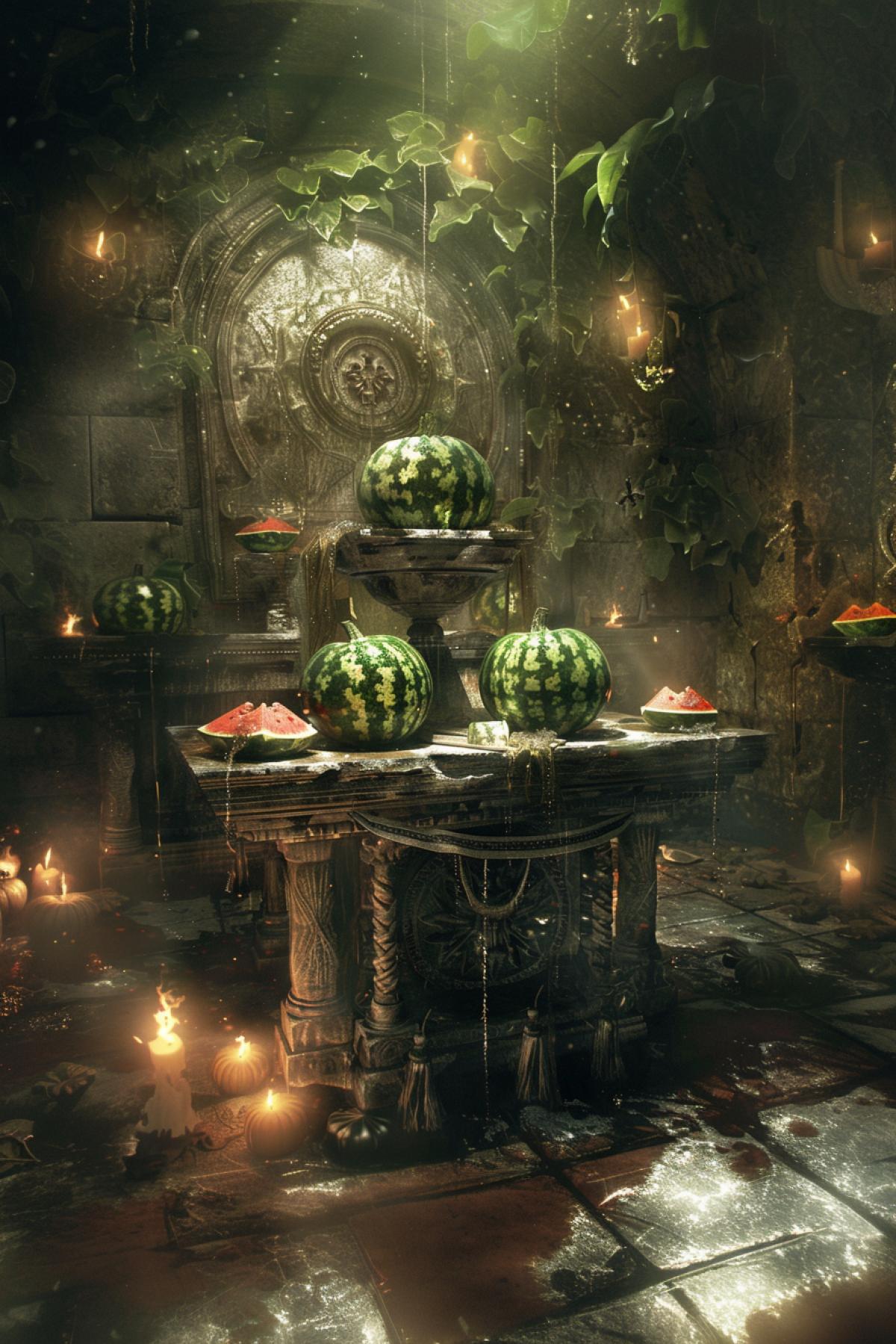 altar of watermelons, bows, worship, watermelon religion, philosophy. Mysticism, flickering, realistic image