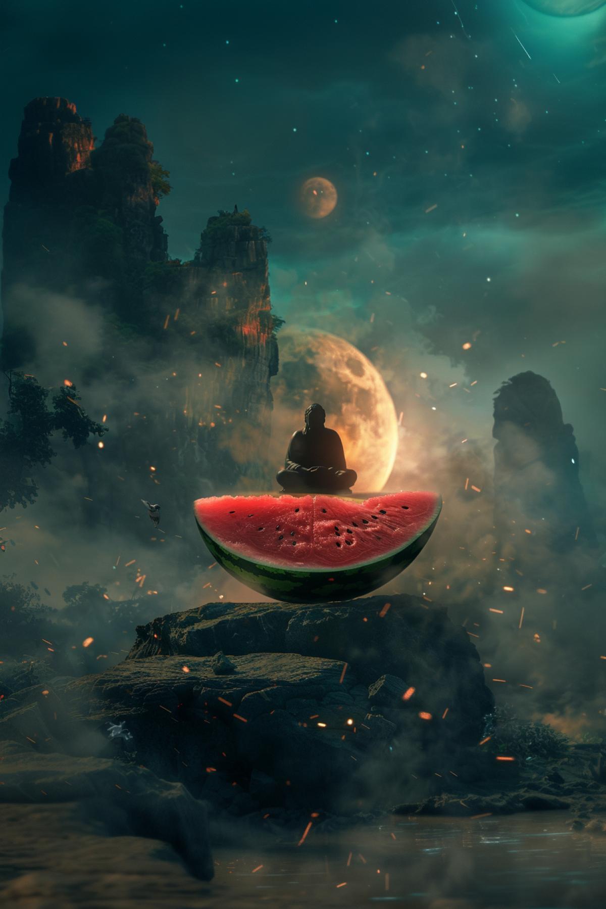 A world where to worship watermelon. Watermelon, philosophy. Mysticism, flickering, realistic image