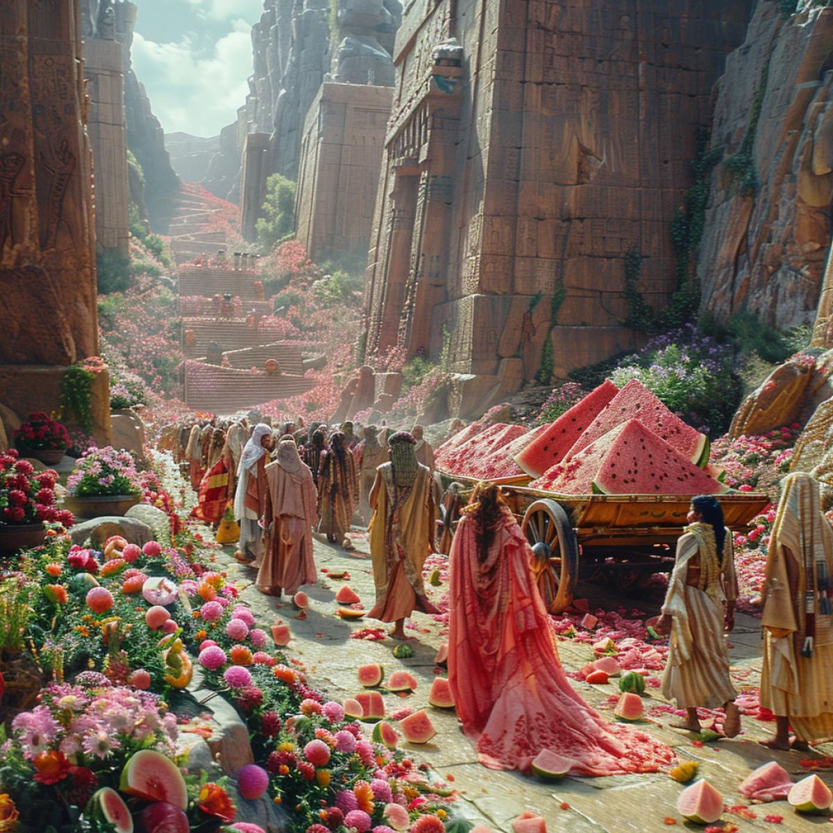 A world in which people worship watermelon, 4ks driven by supervisors carry stones to build a pyramid for Pharaoh Watermelon Jamon, Pharaoh Watermelon himself sits on a cart decorated with flowers, bright lighting, realism, realism