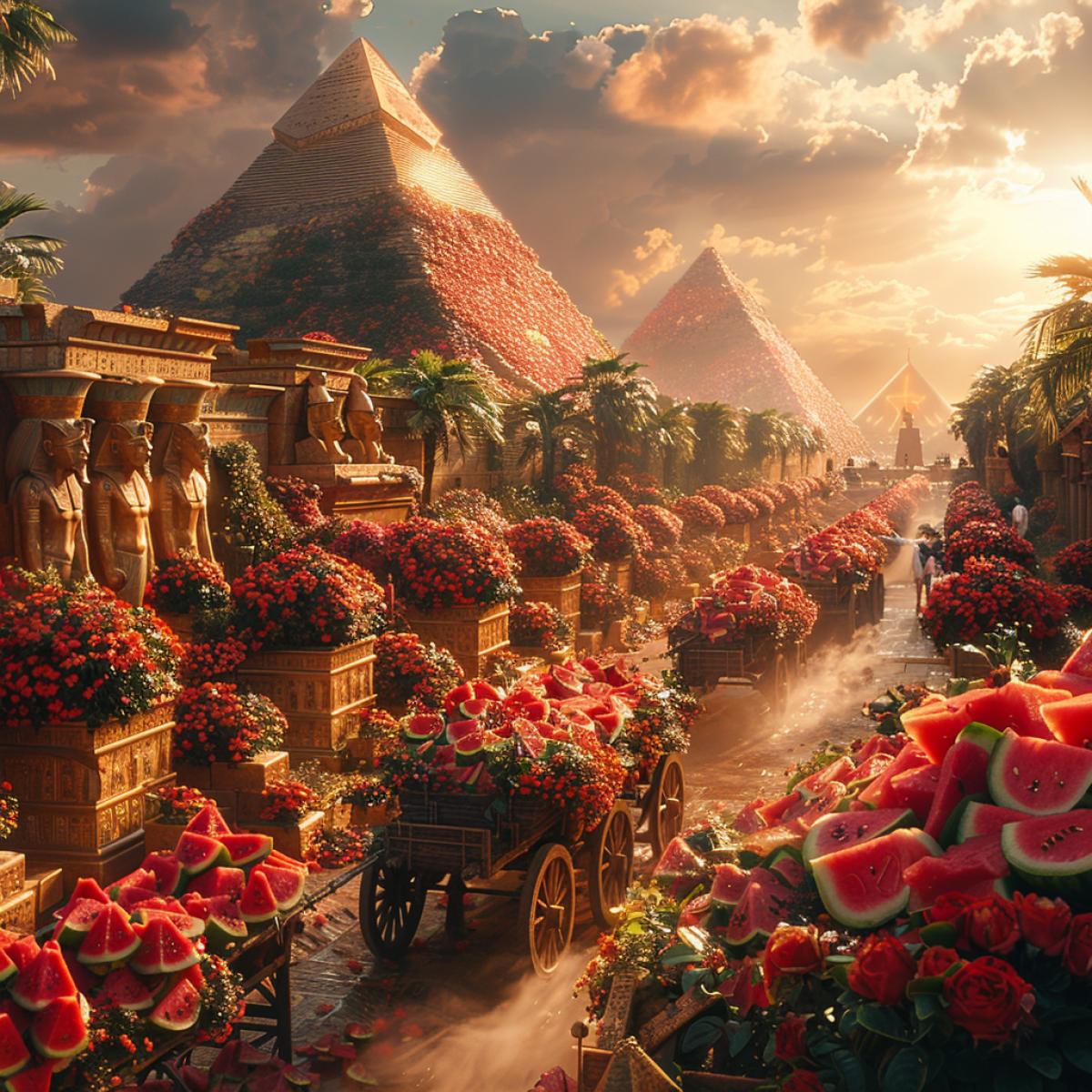 A world in which people worship watermelon, 4ks driven by supervisors carry stones to build a pyramid for Pharaoh Watermelon Jamon, Pharaoh Watermelon himself sits on a cart decorated with flowers, bright lighting, realism, realism