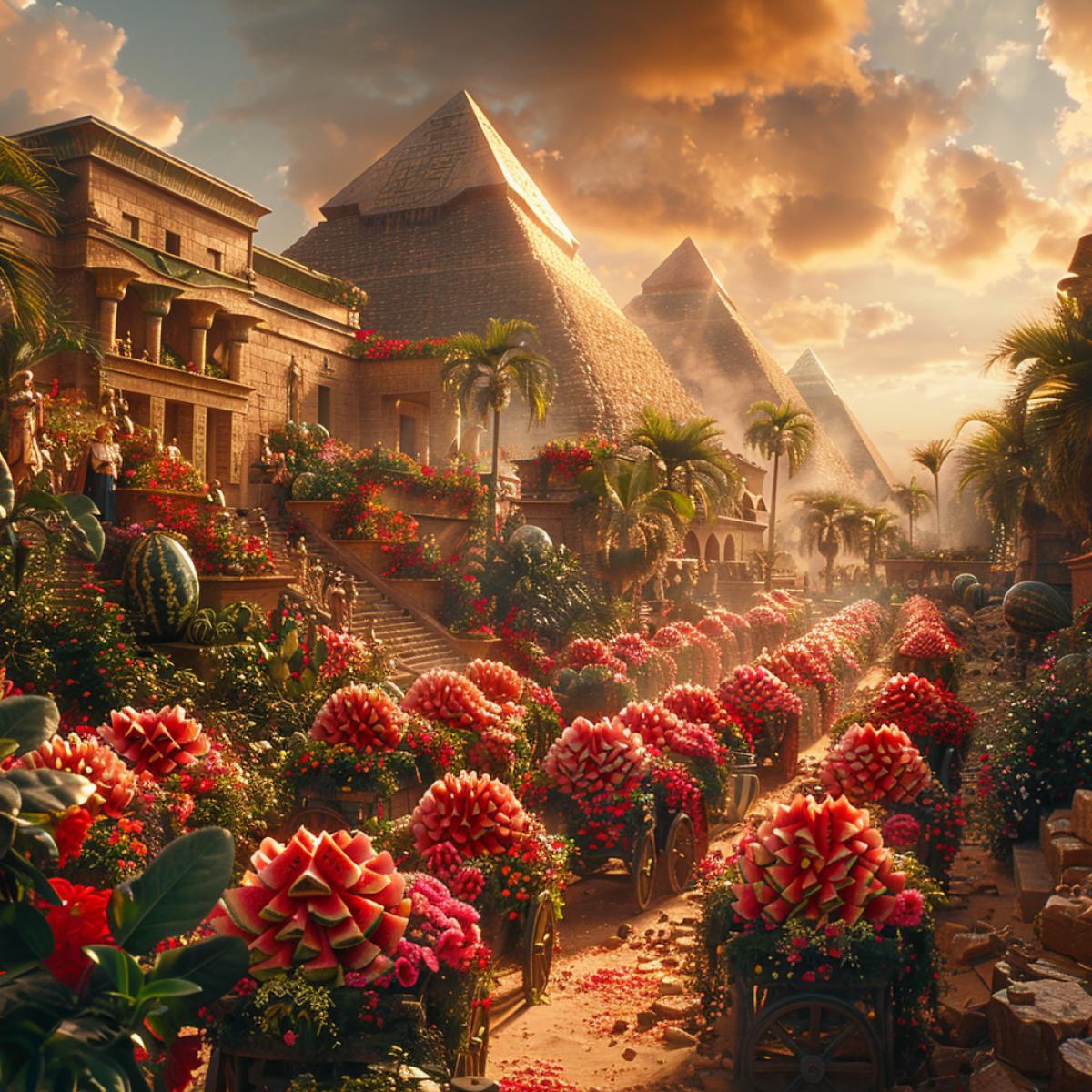 A world in which people worship watermelon, 4ks driven by supervisors carry stones to build a pyramid for Pharaoh Watermelon Jamon, Pharaoh Watermelon himself sits on a cart decorated with flowers, bright lighting, realism, realism