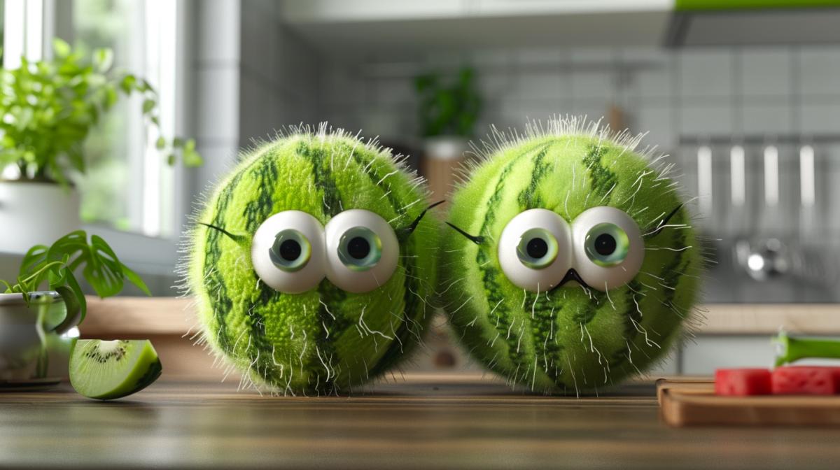 Adorable, lovable 3D rendering of two fluffy cute bright green with dark stripes watermelon. They have brilliant white eyes with large dark pupils and fluffy eyelashes. The overall design is ideal for those who appreciate charming, unique and eye-catching digital art. On a modern countertop in a modern cozy kitchen