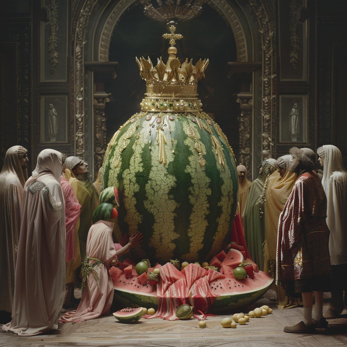 A realistic image of a Watermelon sitting on a throne wearing a golden crown, people standing in front of him with their heads bowed