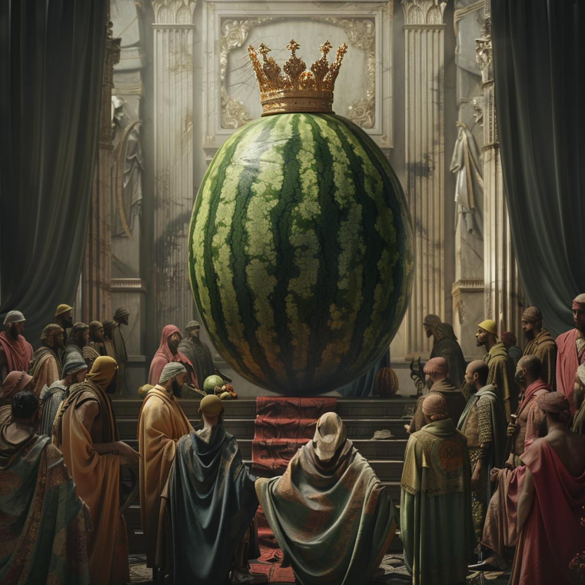 A realistic image of a Watermelon sitting on a throne wearing a golden crown, people standing in front of him with their heads bowed