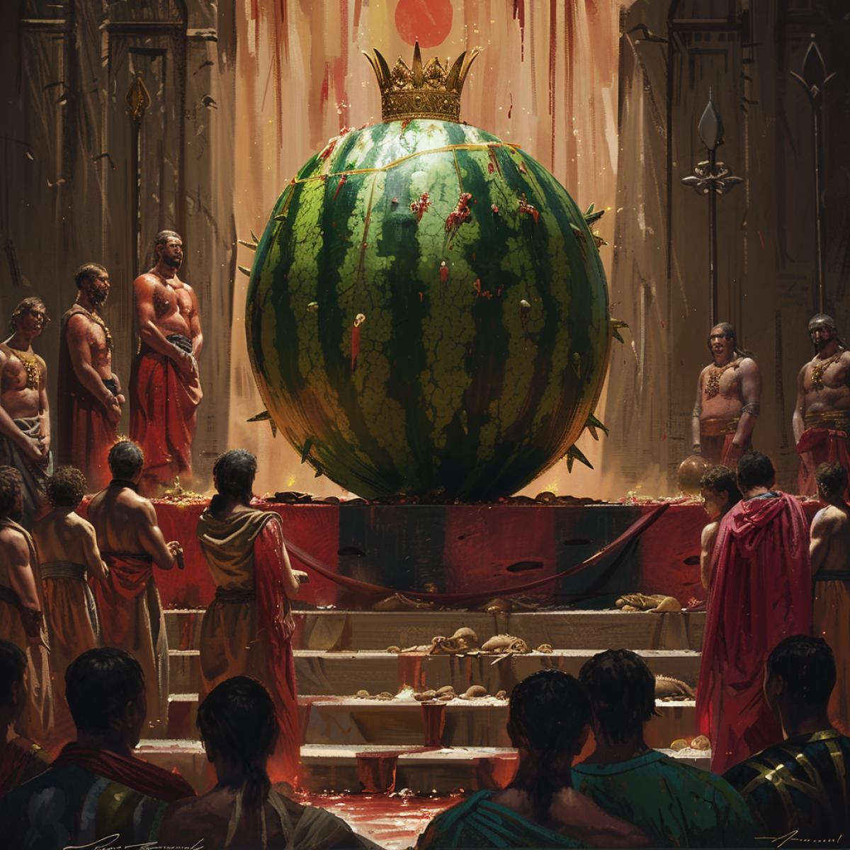 A realistic image of a Watermelon sitting on a throne wearing a golden crown, people standing in front of him with their heads bowed