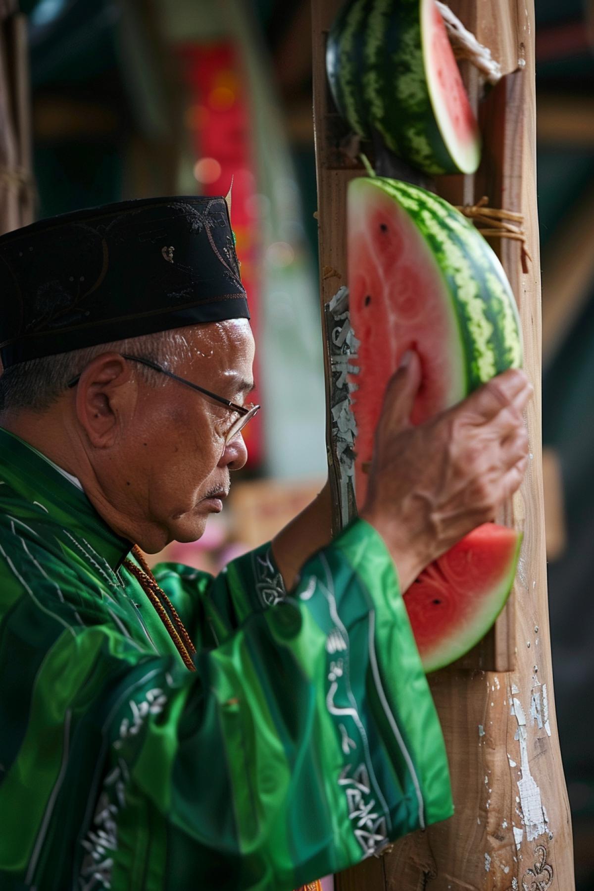 Priest wearing stripes of green and dark says prayer to the watermelon nailed to wooden cross