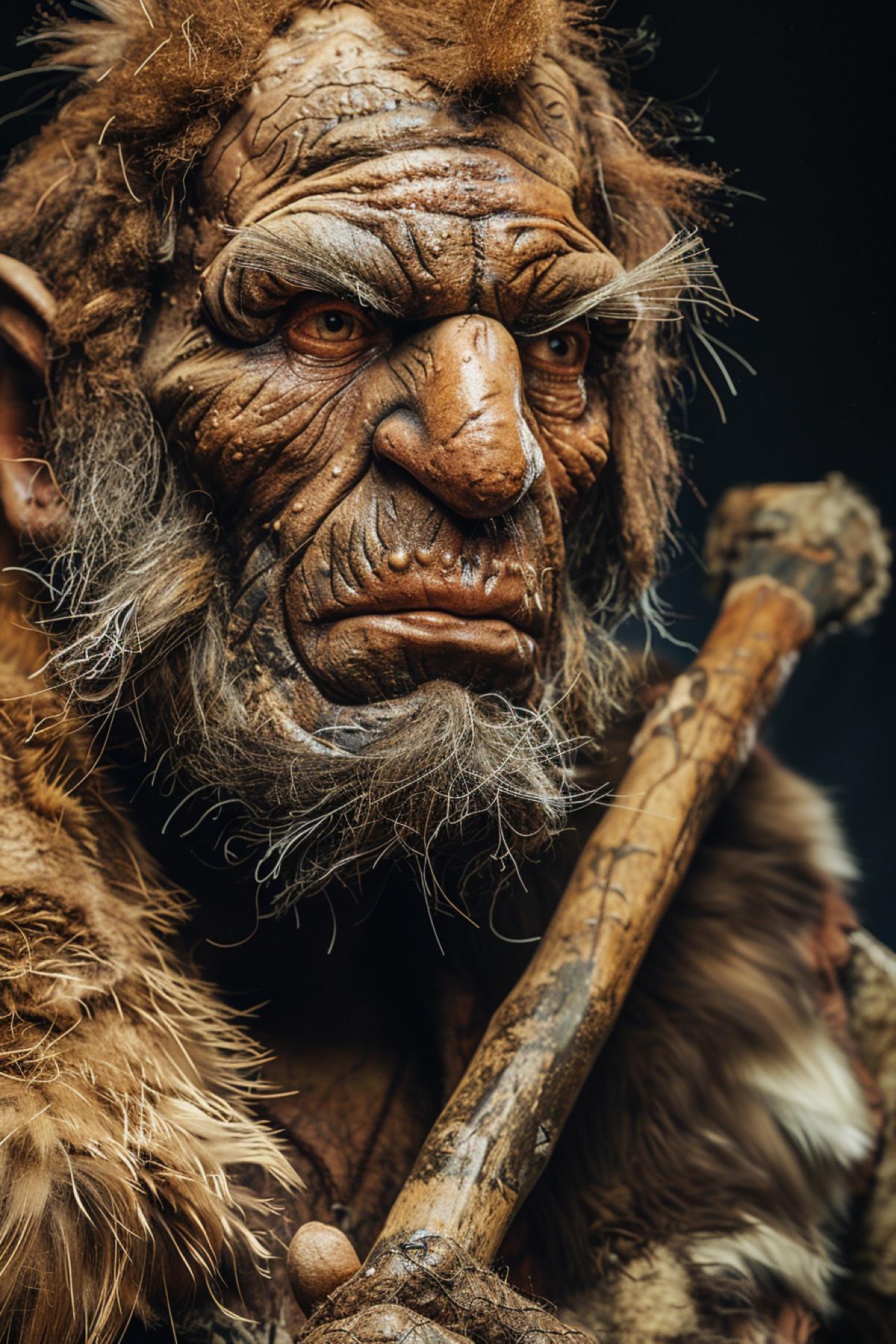 Aggressive ancient troglodyte with club in hand wearing skins fits close up full height portrait lots of details smart eyes fur low forehead thick eyebrows
