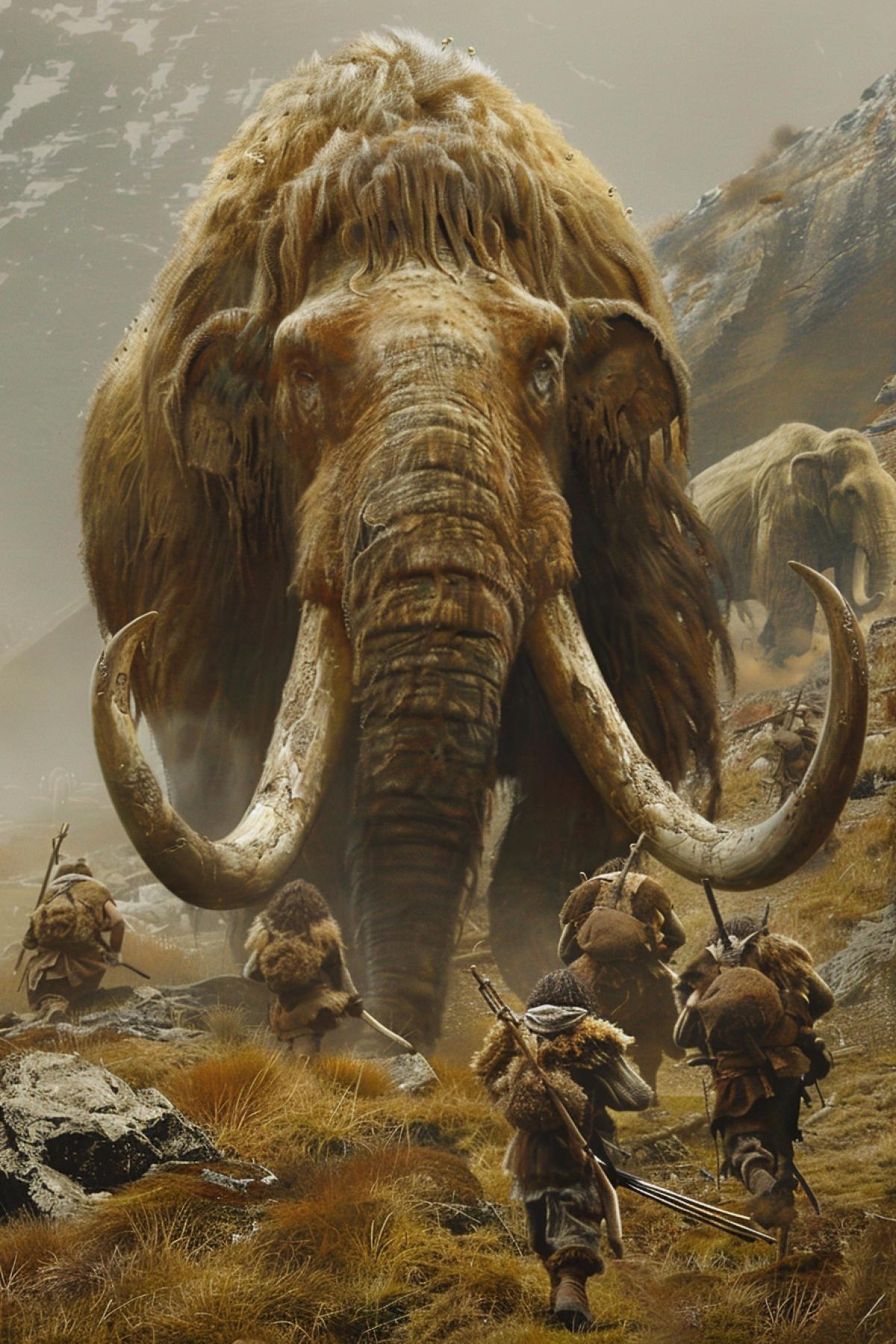 Million ancient hunting troglodytes all around upon giant mammoth