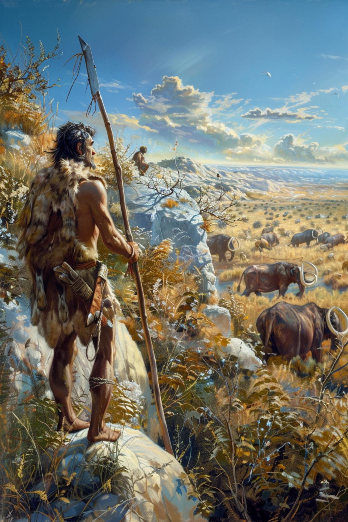 Primitive man, dressed in skins, stands on the edge of a cliff, watching a herd of mammoths below. He holds in his hands a long spear with a pointed stone tip. Around him there are wild bushes and tall grasses, the sky is bright blue with rare clouds. The light is sunny, warm, creating long shadows. In the distance, other hunters can be seen preparing to attack. The atmosphere is tense, full of anticipation and determination.
