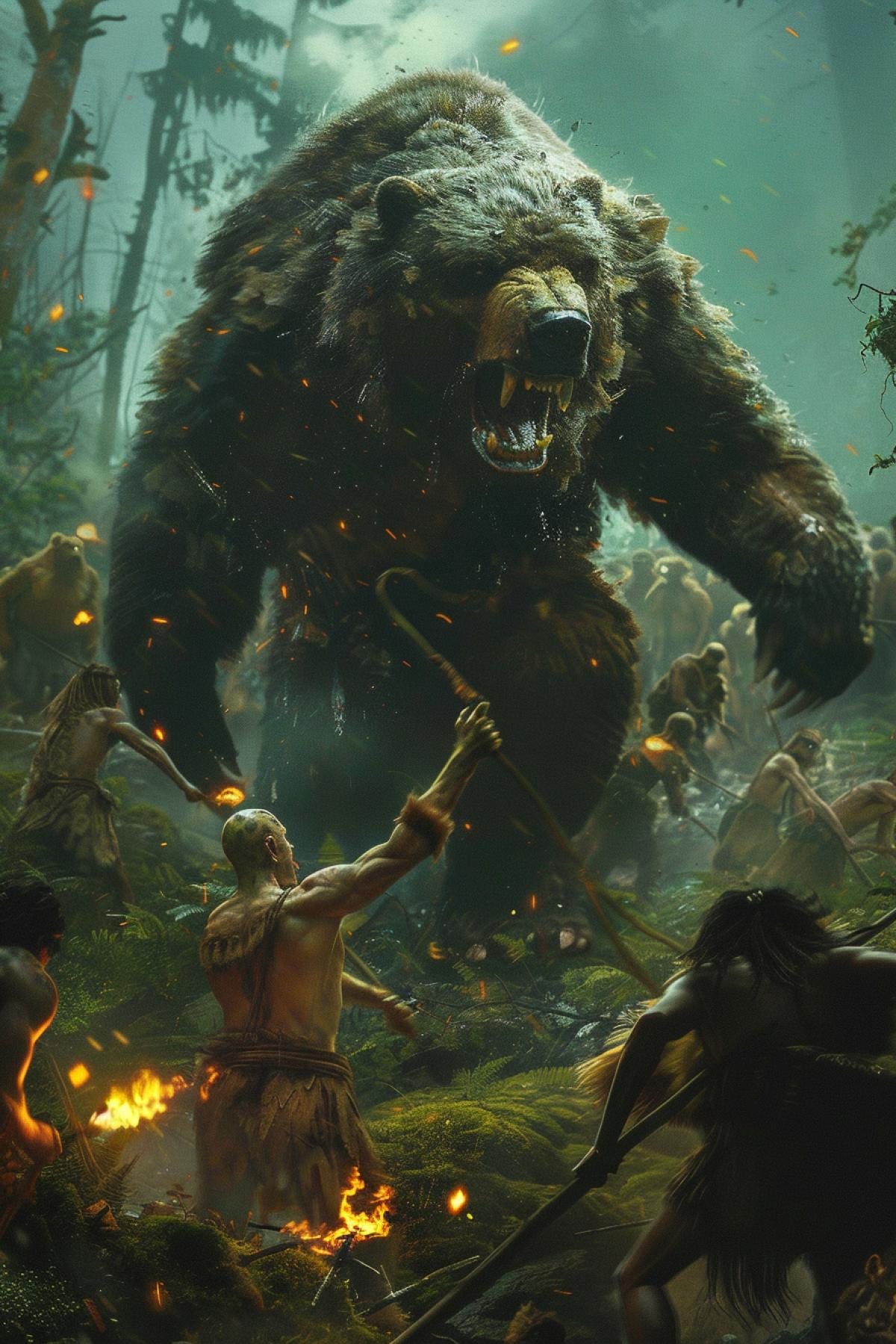 A group of primitive people, dressed in skins, chase a huge cave bear through a dense forest. They scream and wave torches, creating chaotic movement and noise. The forest is dark, with dense foliage and mosses, illuminated by the flickering light of fires and torches. The hunters faces are tense, there is determination and fear in their eyes. The bear looks back, its fur glistening in the light, adding dynamism and menace to the scene.
