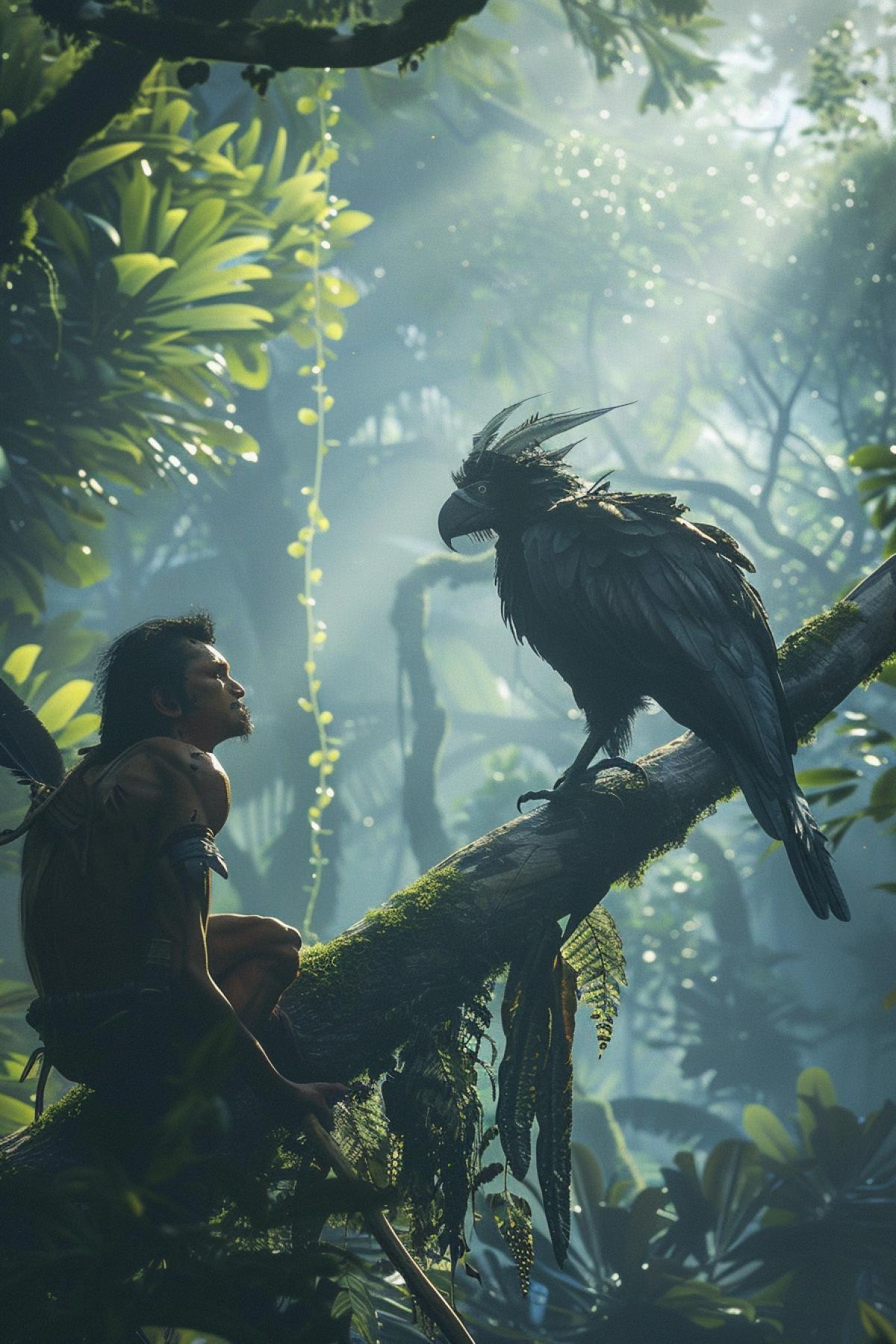 A lone primitive hunter, with a spear in his hands, sneaks towards a large bird sitting on a branch. Around it is an ancient forest, with tall trees and dense undergrowth. The bird looks carefully in his direction, ready to take off at any moment. Sunlight breaking through the foliage, creating a play of light and shadow. The hunters face is concentrated, every muscle is tense, ready for an instant throw.