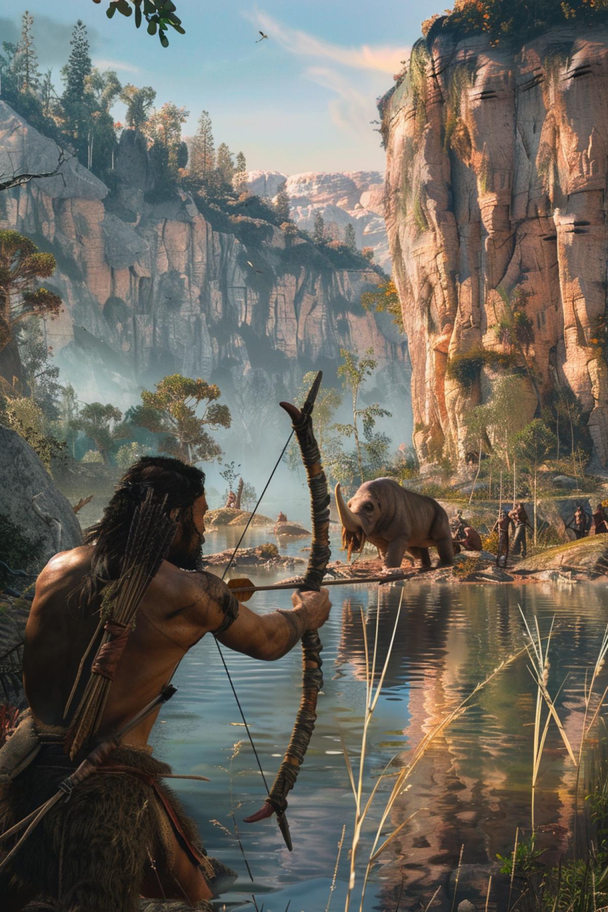 A primitive man with a tense expression on his face pulls a bow with a stone arrow, aiming at a mastodon that stands by a pond. Next to him, his fellow tribesmen, armed with clubs and spears, are hiding in the dense vegetation. The water is clear, reflecting the high cliffs and greenery around. The stage is illuminated by the soft light of sunset, emphasizing the drama of the moment. The air is filled with the sounds of nature and the cries of hunters.