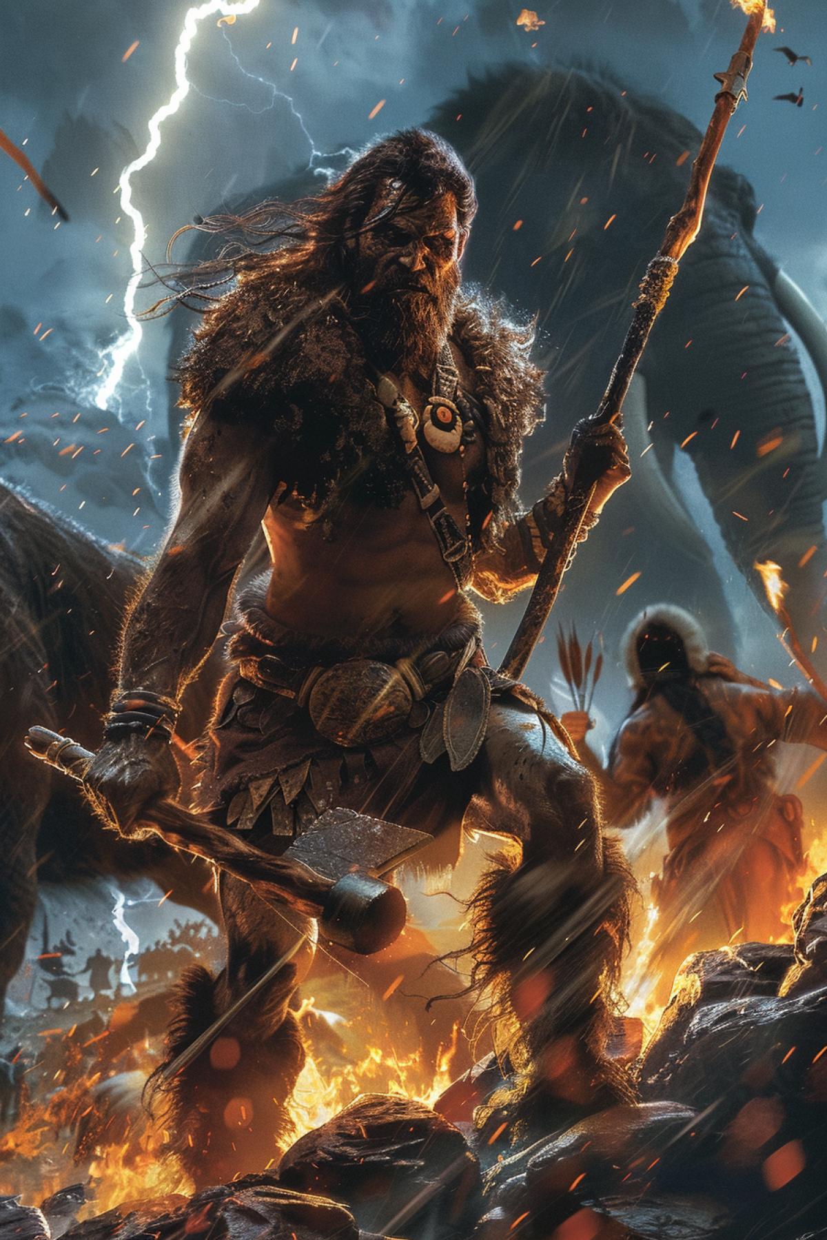A primitive hunter against the background of a raging storm, lightning illuminates the sky, creating dramatic lighting. A powerful man with flowing hair and a scraggly beard, dressed in skins and furs, with a tense face, stalks a giant woolly mammoth. In one hand he holds a spear with a sharp stone tip, in the other a bunch of burning torches, protecting himself from predators. Behind him are wild rocks, a cave, from which his tribal brethren look out, cheering him on. Stone tools, skins, living ancient animals in the distance.