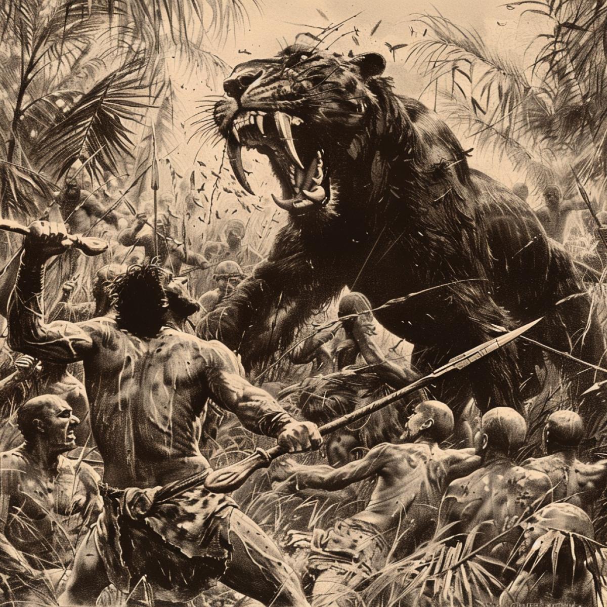 Hunting for a saber tooth tiger, one hunter was attacked by a predator, the hunter is lying on the ground, still alive, . other hunters, armed with sharp spears, decided to attack the beast. It is clear from their concentrated faces that the struggle is not for life, but for death.. One of the men standing at a distance raised his hands to the sky, as if asking him for protection.