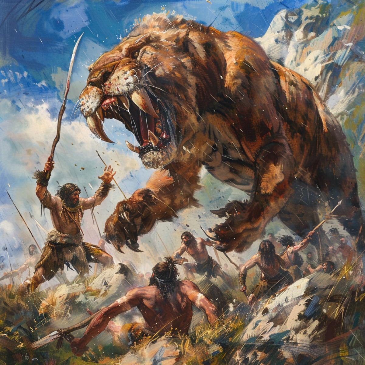 Hunting for a saber tooth tiger, one hunter was attacked by a predator, the hunter is lying on the ground, still alive, . other hunters, armed with sharp spears, decided to attack the beast. It is clear from their concentrated faces that the struggle is not for life, but for death.. One of the men standing at a distance raised his hands to the sky, as if asking him for protection.