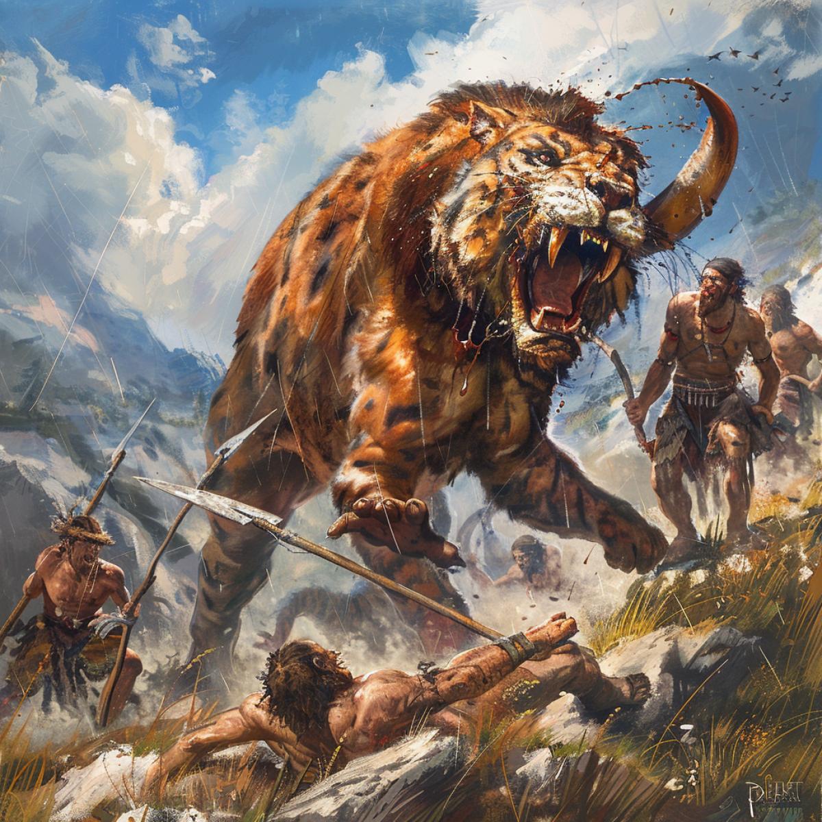 Hunting for a saber tooth tiger, one hunter was attacked by a predator, the hunter is lying on the ground, still alive, . other hunters, armed with sharp spears, decided to attack the beast. It is clear from their concentrated faces that the struggle is not for life, but for death.. One of the men standing at a distance raised his hands to the sky, as if asking him for protection.