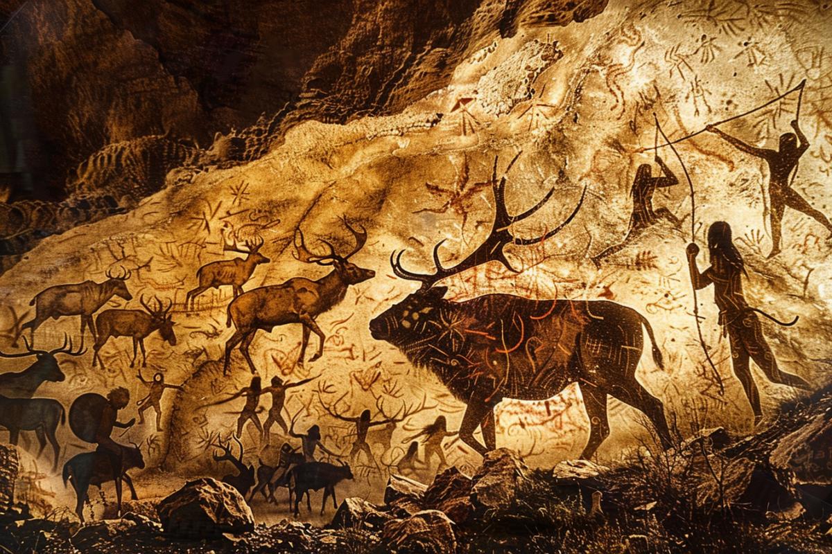 The photograph depicts a cave wall covered with prehistoric cave paintings portraying a hunting scene. In the flickering light of the fire, the cave painting comes to life, gaining depth and color. A smooth transition is made from the cave painting to the photograph of the hunting scene.