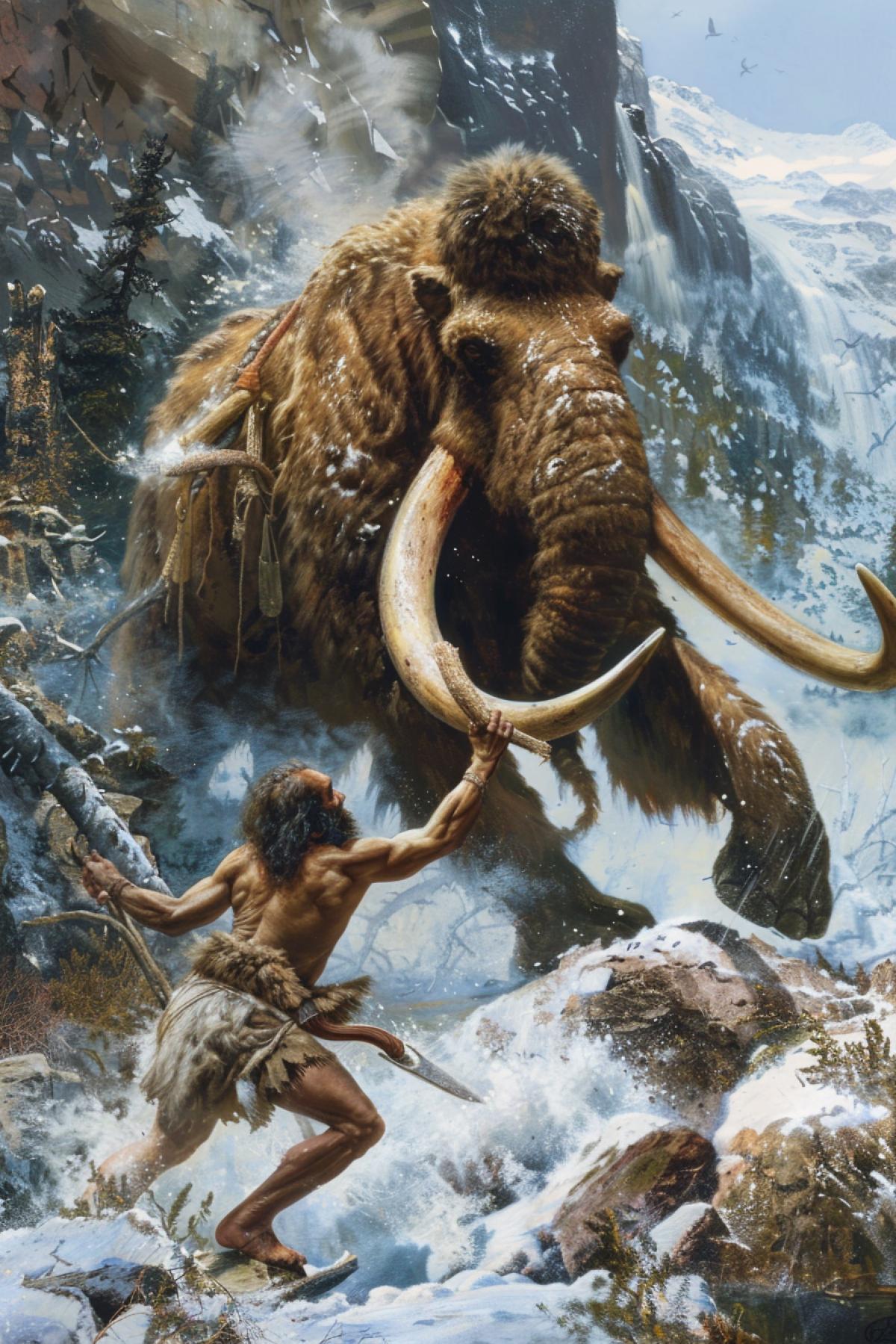 Primitive man hunts a mammoth