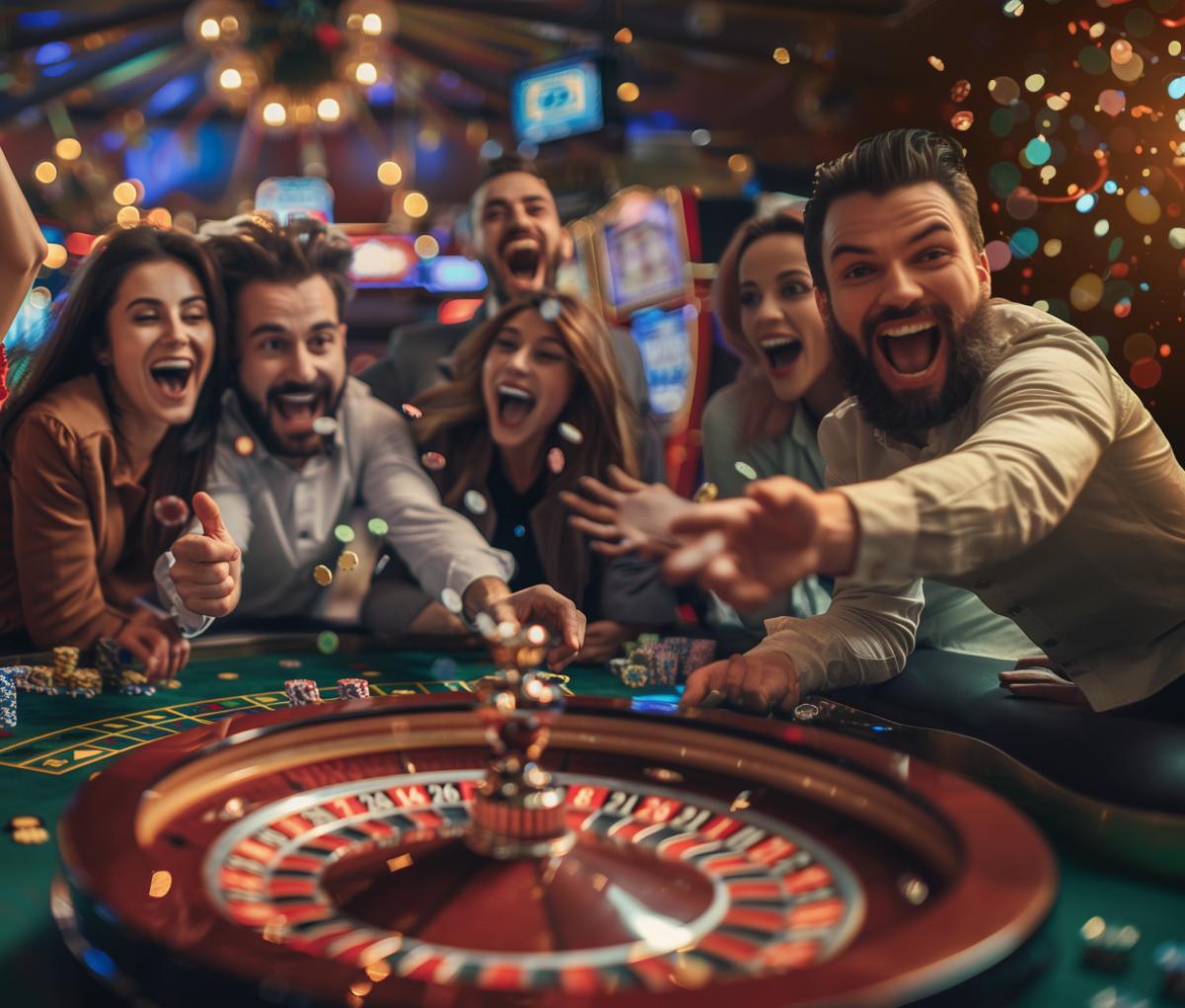 People playing roulette in a casino rejoice at winning. For advertising
