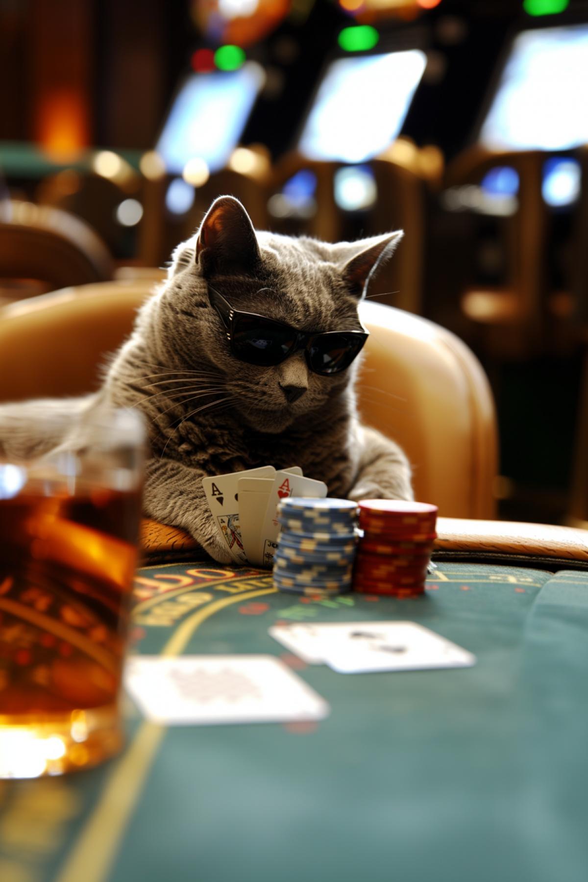 Poster advertising a casino. Rich fat cat wins in a casino, chips, cards, a lot of dollars