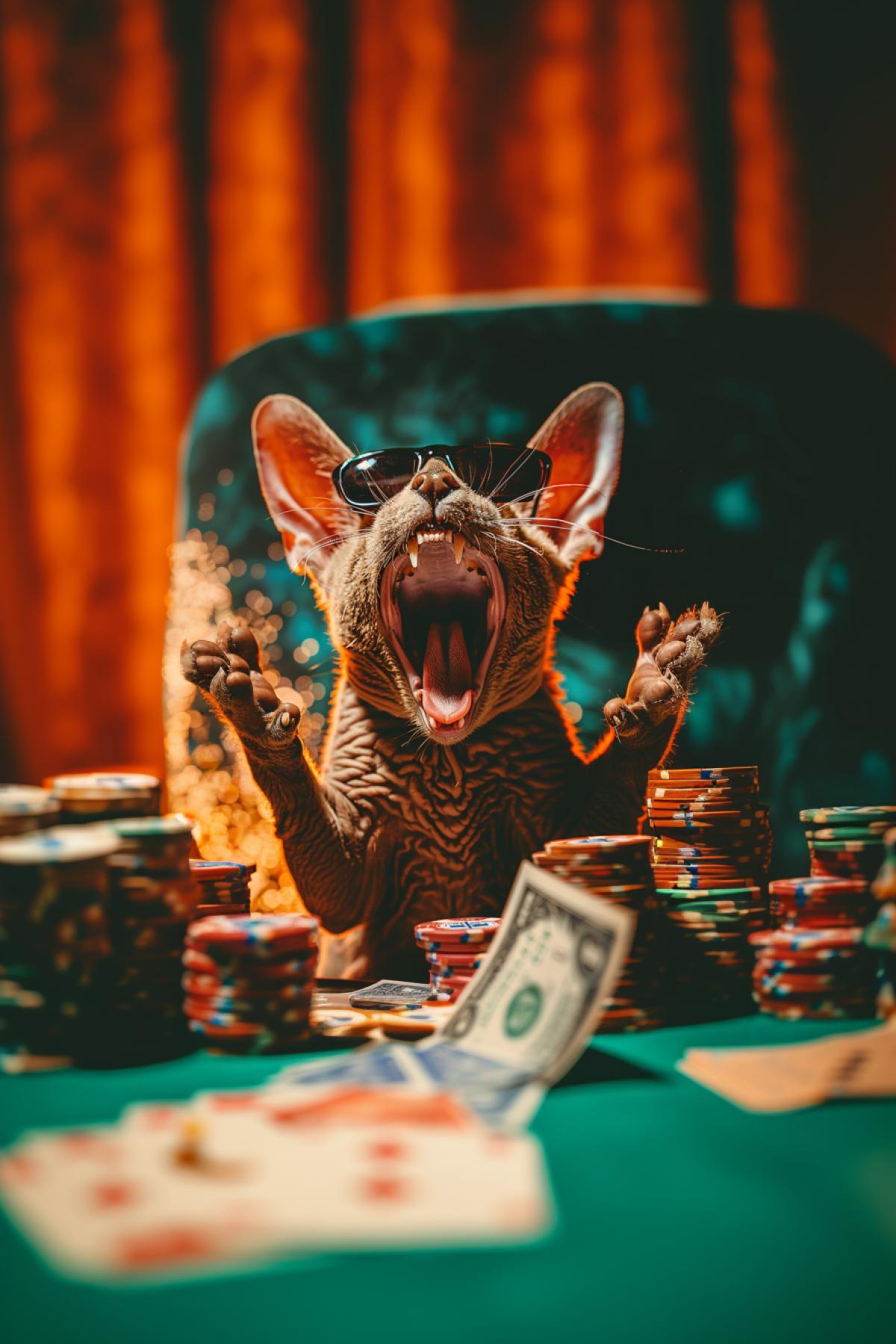 A fat gray cat in dark glasses sits at a table and plays poker, he has a huge pile of money, there are a lot of chips and cards in front of him. The background color scheme includes orange and blue-green tones and was shot in the style of professional photographers with Canon cameras.